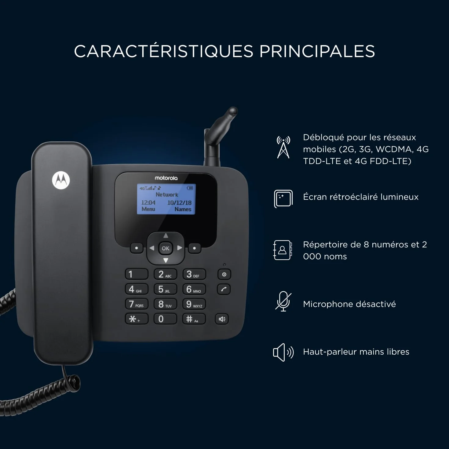 Motorola FW410L Téléphone Fixe sans Fil 4G, Hotspot WiFi, GSM Quad Band, Batterie de Secours