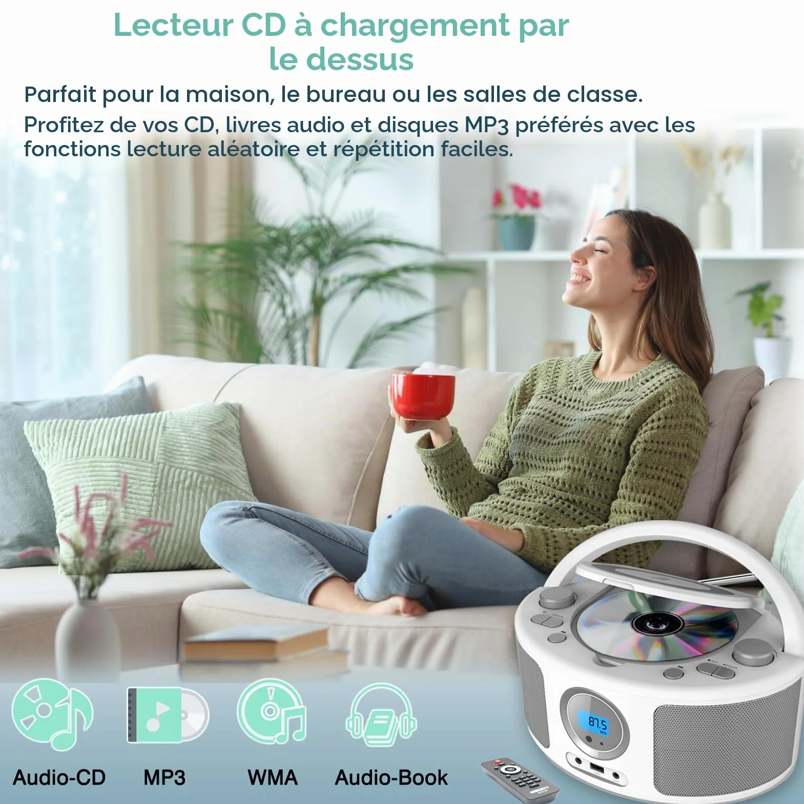 Poste CD Enfant, WISCENT Radio FM Lecteur CD Portable Boombox (avec Bluetooth,Radio FM,USB,AUX,Prise Casque) Lecteur CD Enfant