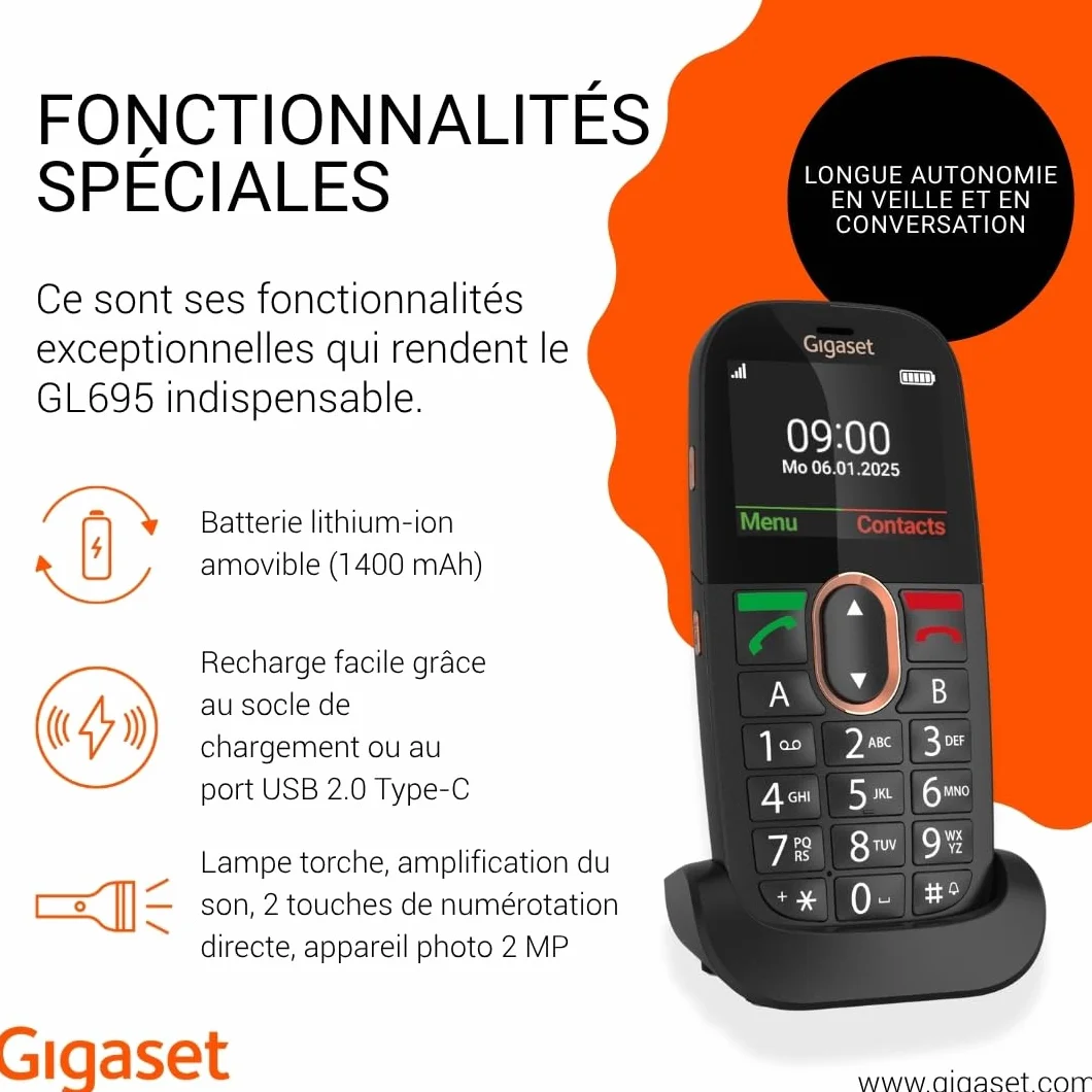 Gigaset GL695 téléphone Senior à Grandes Touches 4G Volte écran IPS 2,31" Batterie 1400 mAh Audio Boost Touche SOS Bluetooth 5.0 Noir