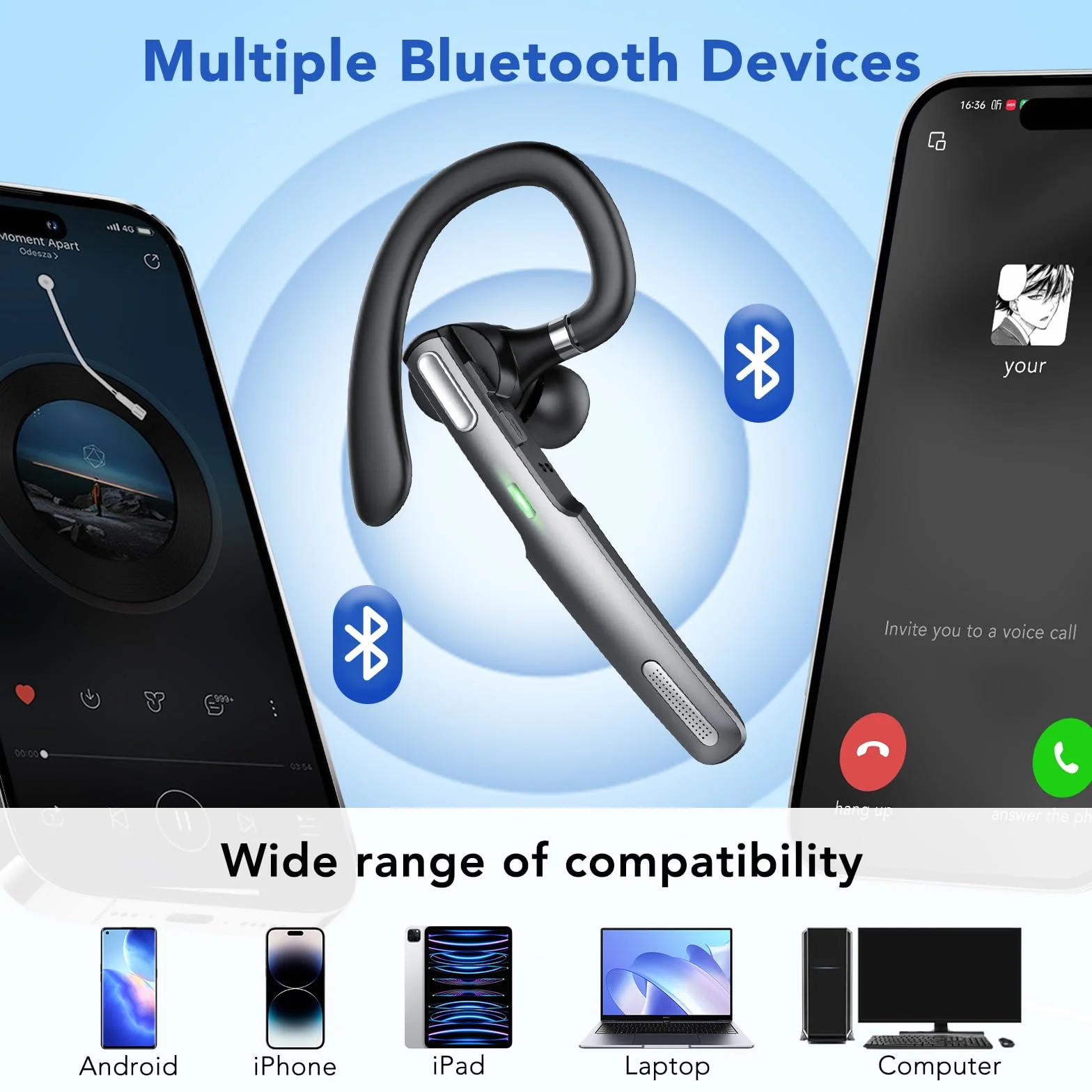 Oreillette Bluetooth sans Fill V5.3, Main Libre Bluetooth Oreillette, Casques Bluetooth Mono écouteur avec 2 ENC Réduction Bruit Mic, 100H Appel avec Écran LED, IP7 Étanche pour iOS Android