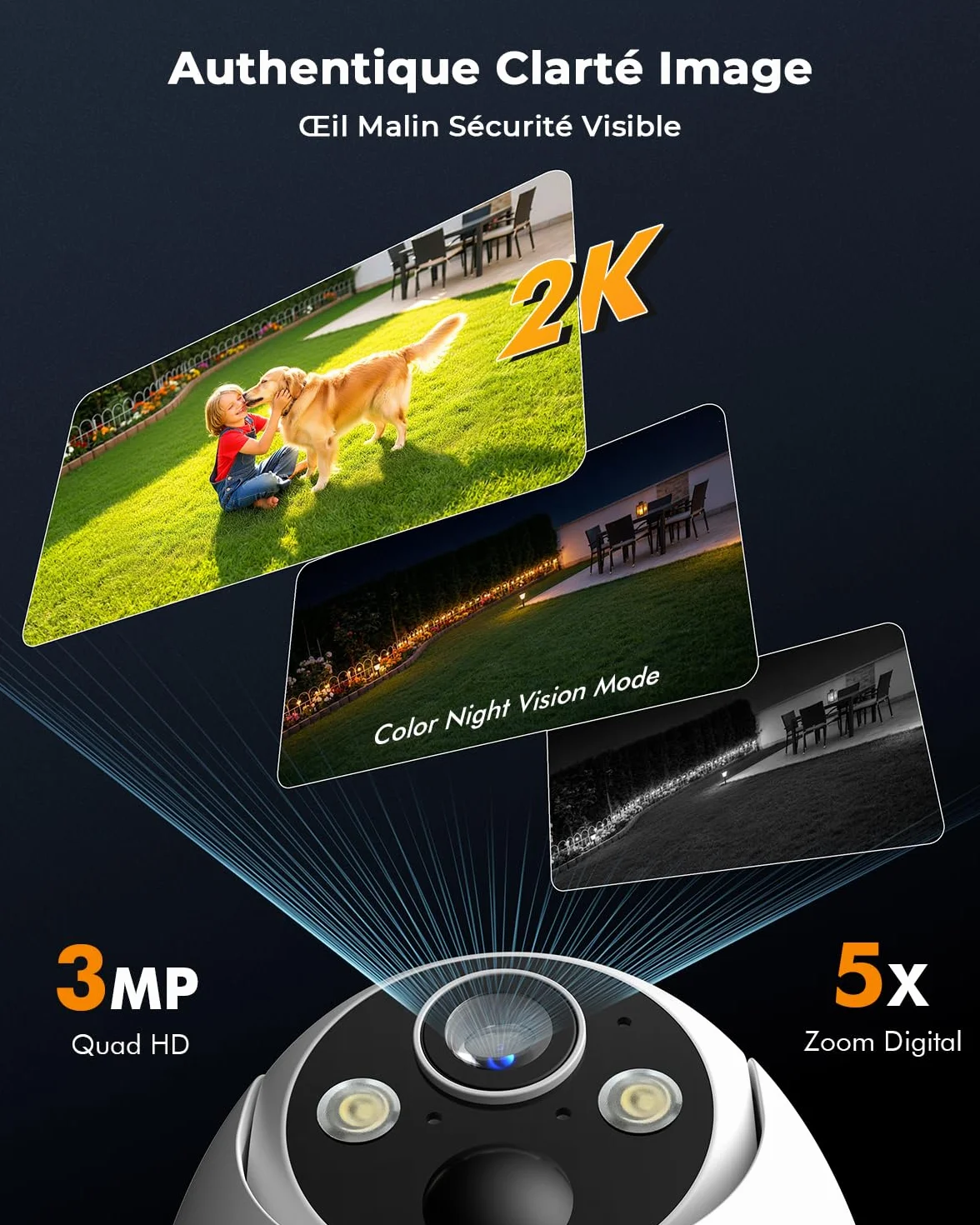 2K Camera Surveillance WiFi Exterieure sans Fil, Énergie Solaire et 360° PTZ, Caméra Solaire Batterie 2,4 G, Double Antenne Vision Nocturne Couleur, Détection PIR Audio Bidirectionnel Blanc