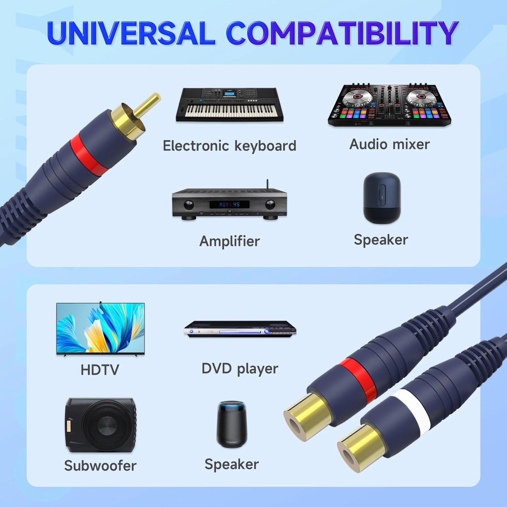 Câble Répartiteur RCA Câbles Audio Adaptateur Câble Y RCA 1 Mâle à 2 Femelles Doubleur R-C-A Audio pour Caisson de Basse Voiture, Haut-parleur, Home Cinéma (15cm, 1 Mâle à 2 Femelle, Paquet de 2)