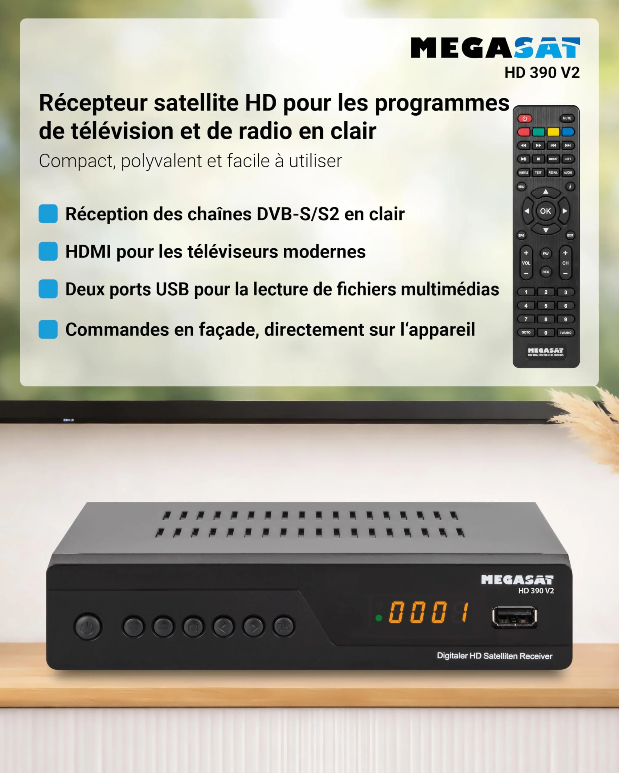 Megasat HD 390 – Récepteur Satellite HD (DVB-S/DVB-S2, Lecteur multimédia, HDMI, Péritel, 2 × USB, écran) – Noir