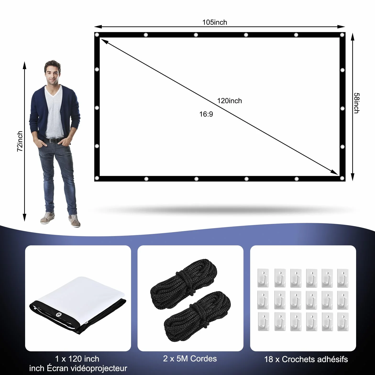 HOPFROG 100 Pouces Écran de Projection Portable Tissu Soie Lavable Antirides 16:9 4K HD Pliable Camping Extérieur Cinéma Maison