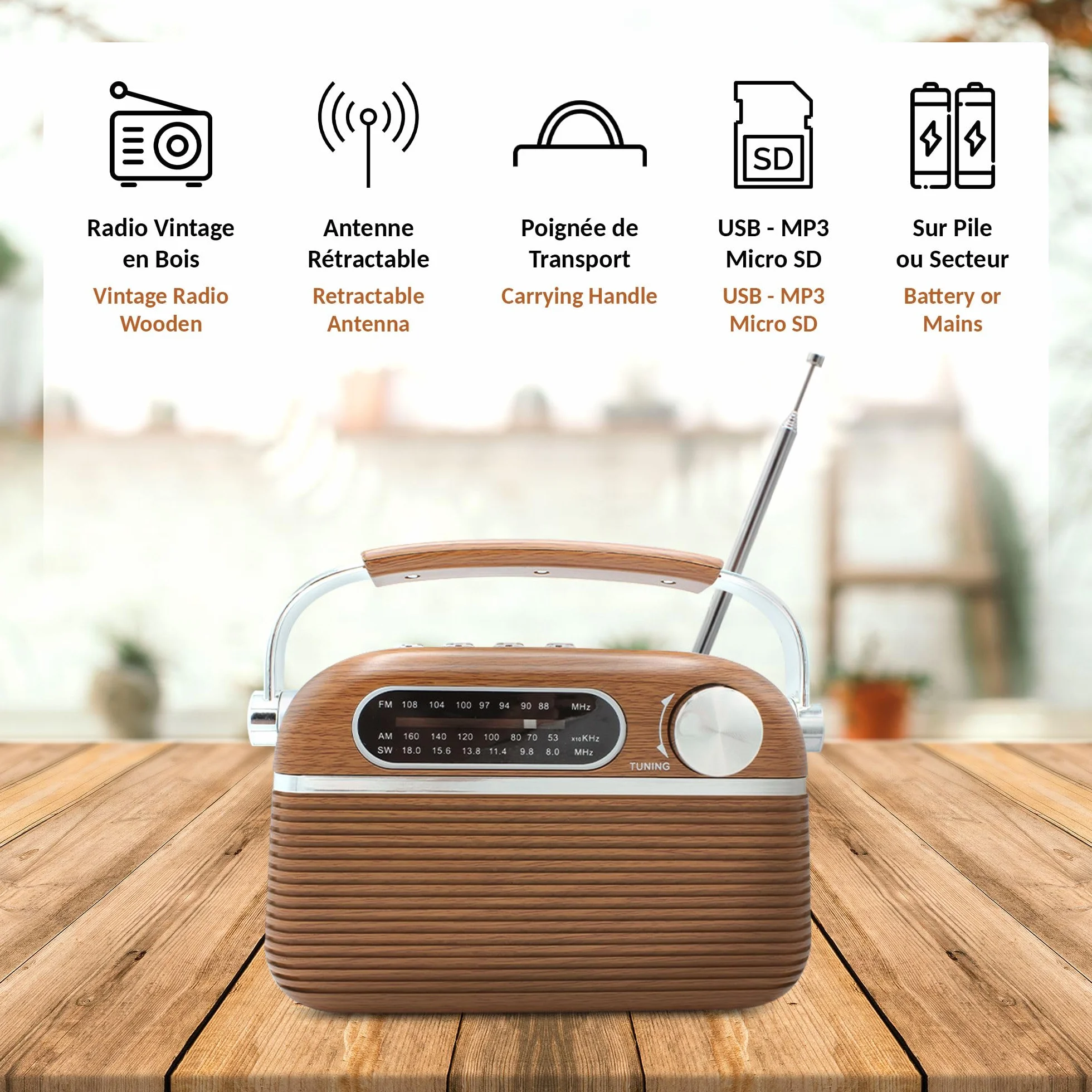 FISHTEC Radio Vintage Années 60 FM AM SW Lecteur MP3 USB Micro SD Design Bois INOX Antenne Rétractable Secteur Piles LR20 20.5x12.5x8 cm Compacte Portable