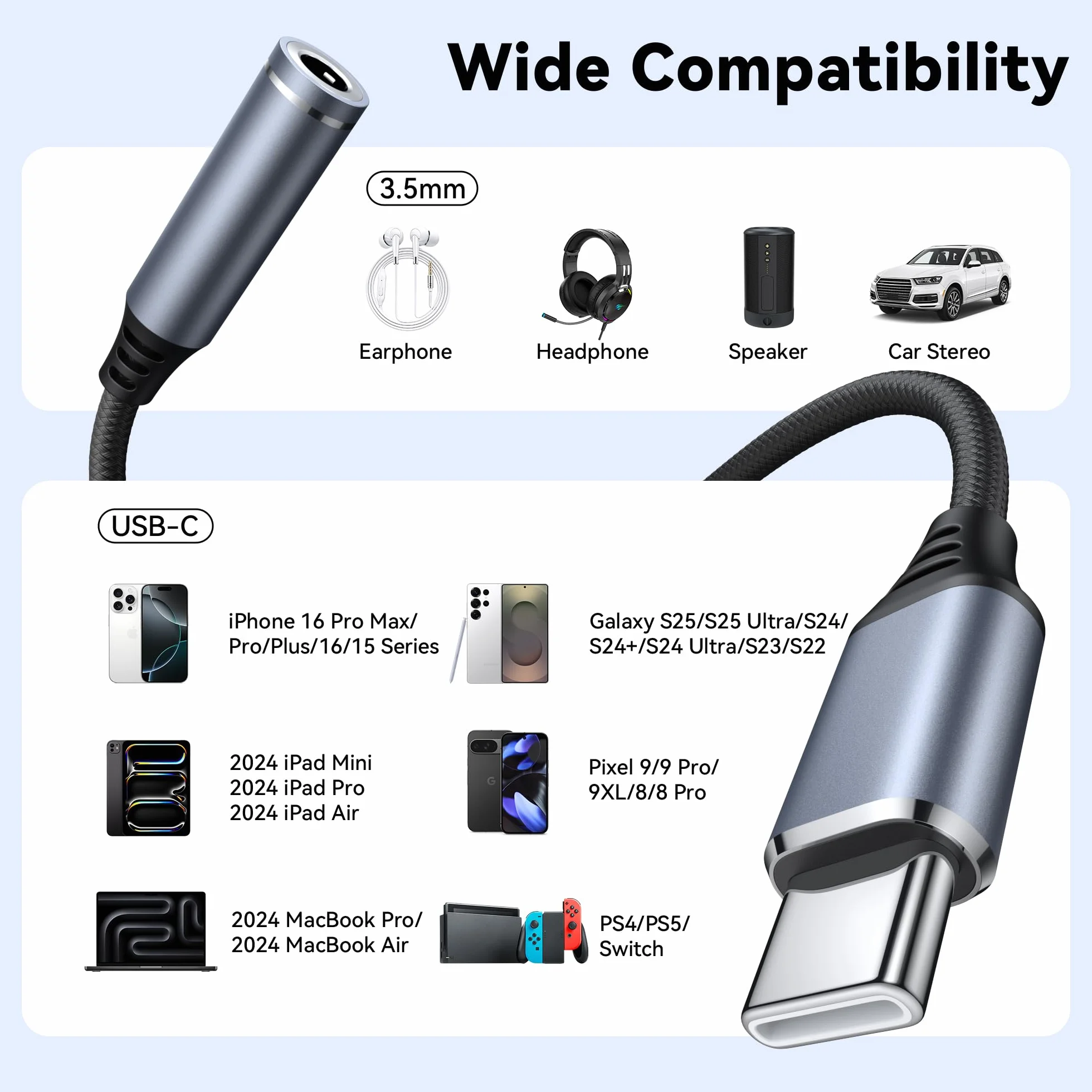 Adaptateur USB C Jack 3,5mm, Convertisseur USB-C vers Casque Compatible Samsung Galaxy, MacBook Pro, Huawei, Honor (Noir)