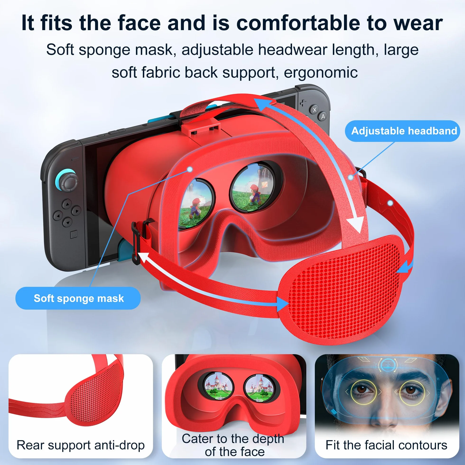 Casque réalité virtuelle Nintendo Switch 2 objectifs HD réglables sangle confortable lunettes 3D bleu rouge