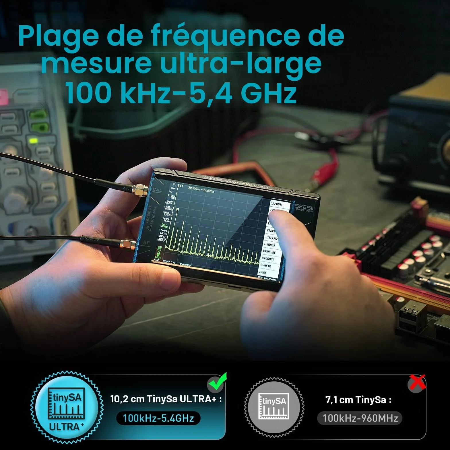 SEESII TinySA Ultra+ ZS406, Analyseur de Spectre 4,0 pouces, 100kHz-5,4GHz, Analyseur Portable avec Carte 32Go, Générateur de Signaux 2-en-1, Entrée MF/HF/VHF/UHF, V0.4.6.1, Version 2025