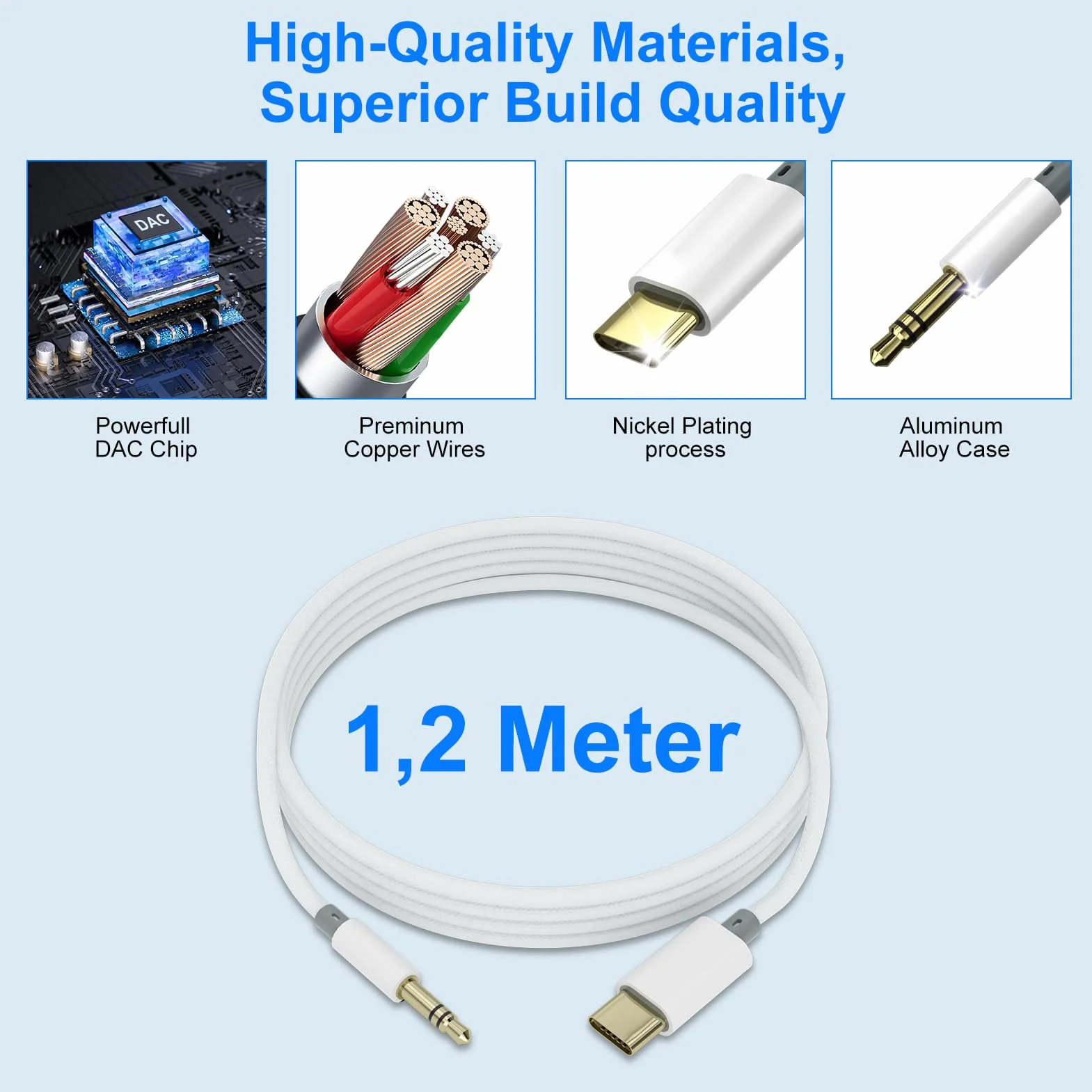 DAC USB-C à 3,5 mm pour iPhone 16/15 Pro Max, Galaxy S24/S23/S22 Ultra - Câble Audio Blanc