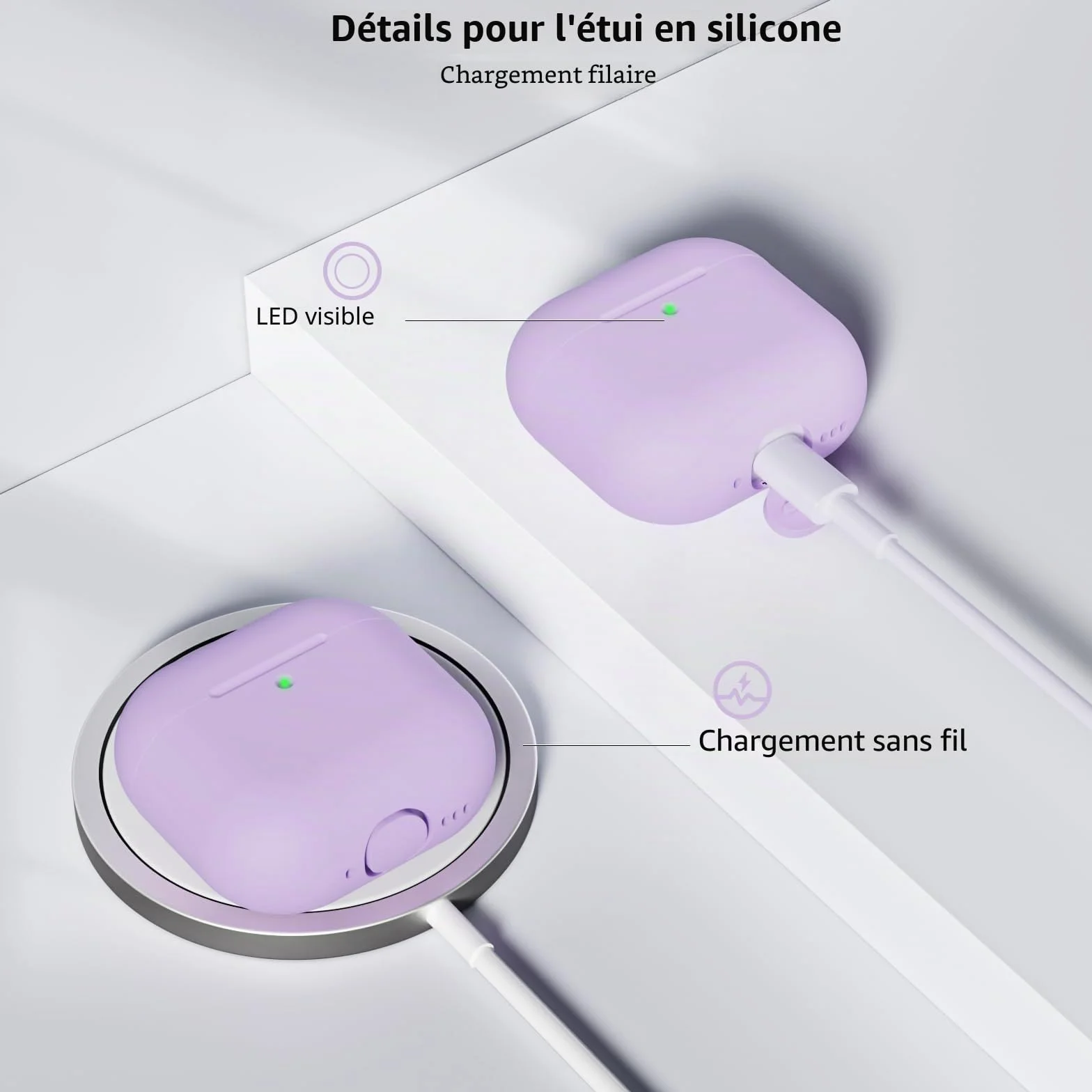Coque Étui Protecteur Compatible avec AirPods 4 2024, LED Avant Peut être Visible, Housse en Silicone Anti-Choc Etui de Protection pour Airpods 4ᵉ Génération avec Kit de Nettoyage, Lavande
