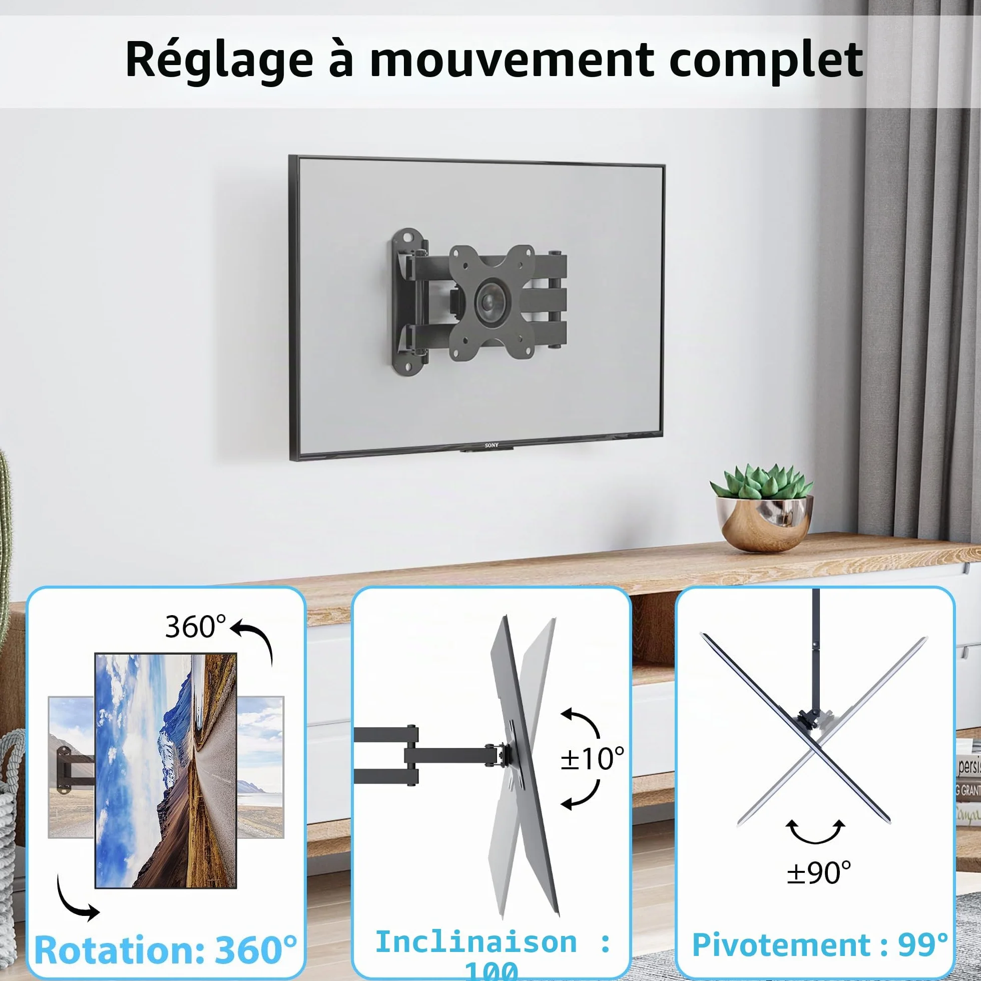 BONTEC Support TV Mural Orientable et Inclinable Universel pour Télévision et Moniteur 13-30 Pouces, Fixation Murale VESA 75x75/100x100mm, Charge Max 15kg, Extension 38.2cm, Facile à Installer