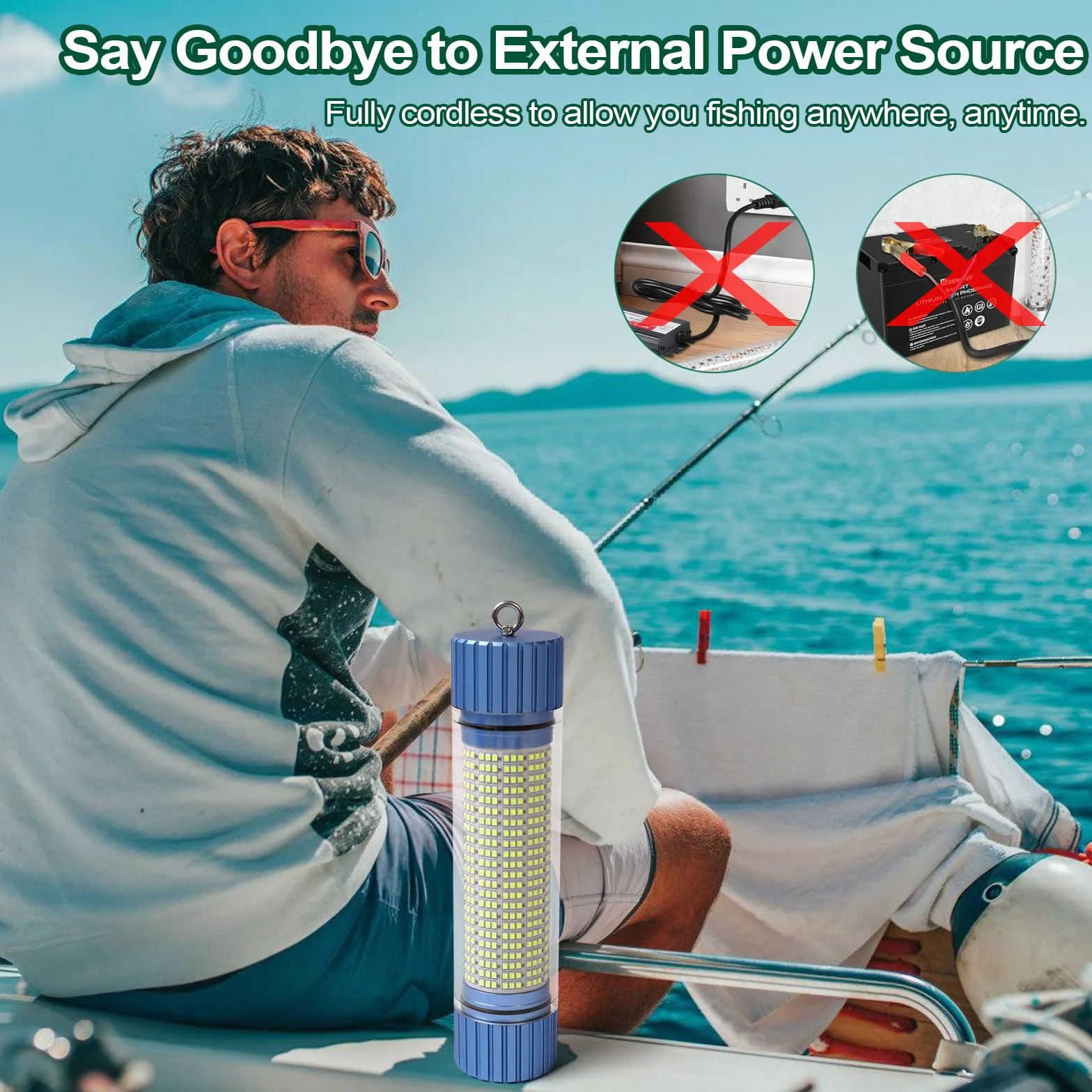Lampe de Pêche Sous-Marine LED Verte Rechargeable 9000mAh IP68 Étanche Eau Douce Salée