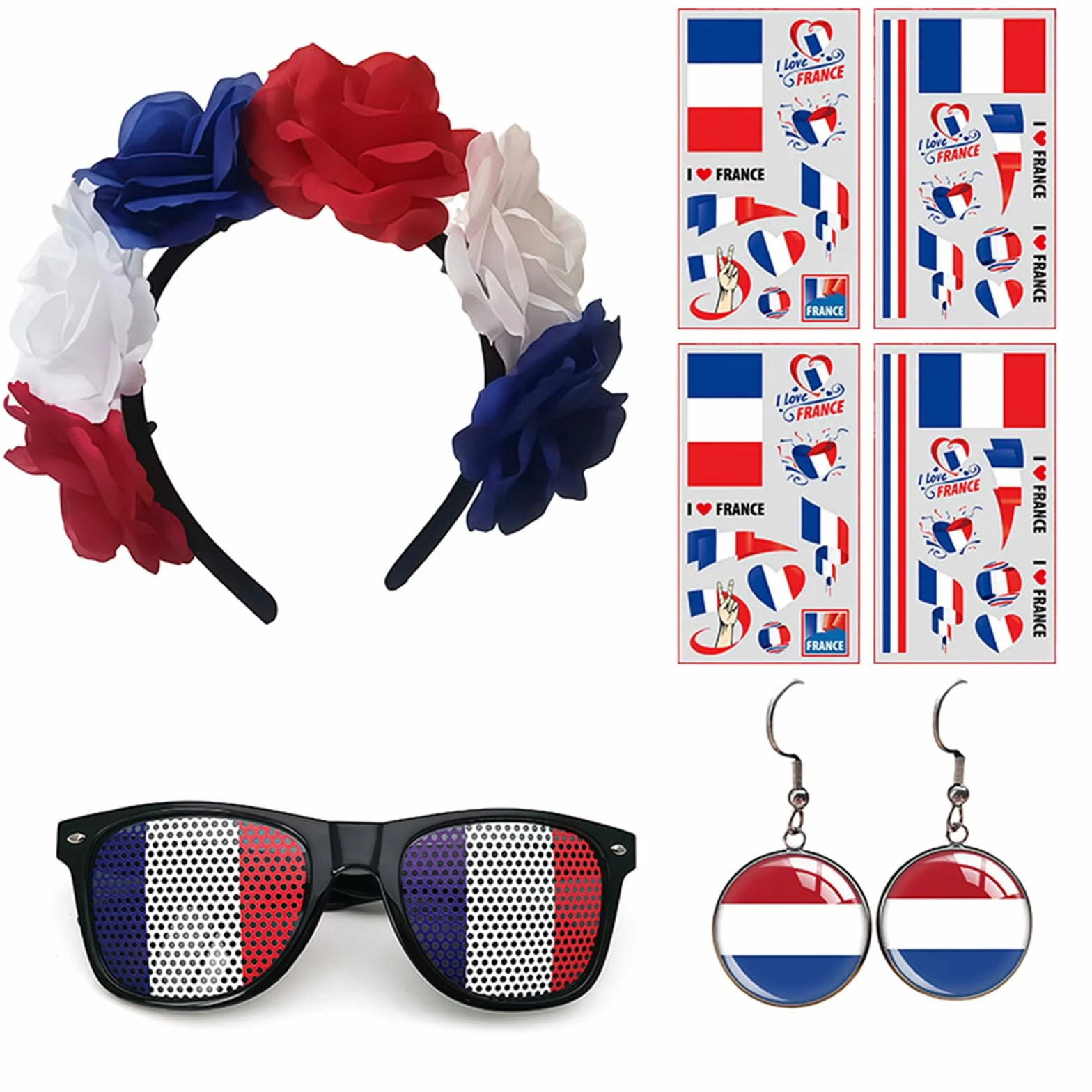 Set d'articles pour supporters français femmes Bleu-Blanc-Rouge - Serre-tête, boucles d'oreilles, lunettes de soleil & tatouages