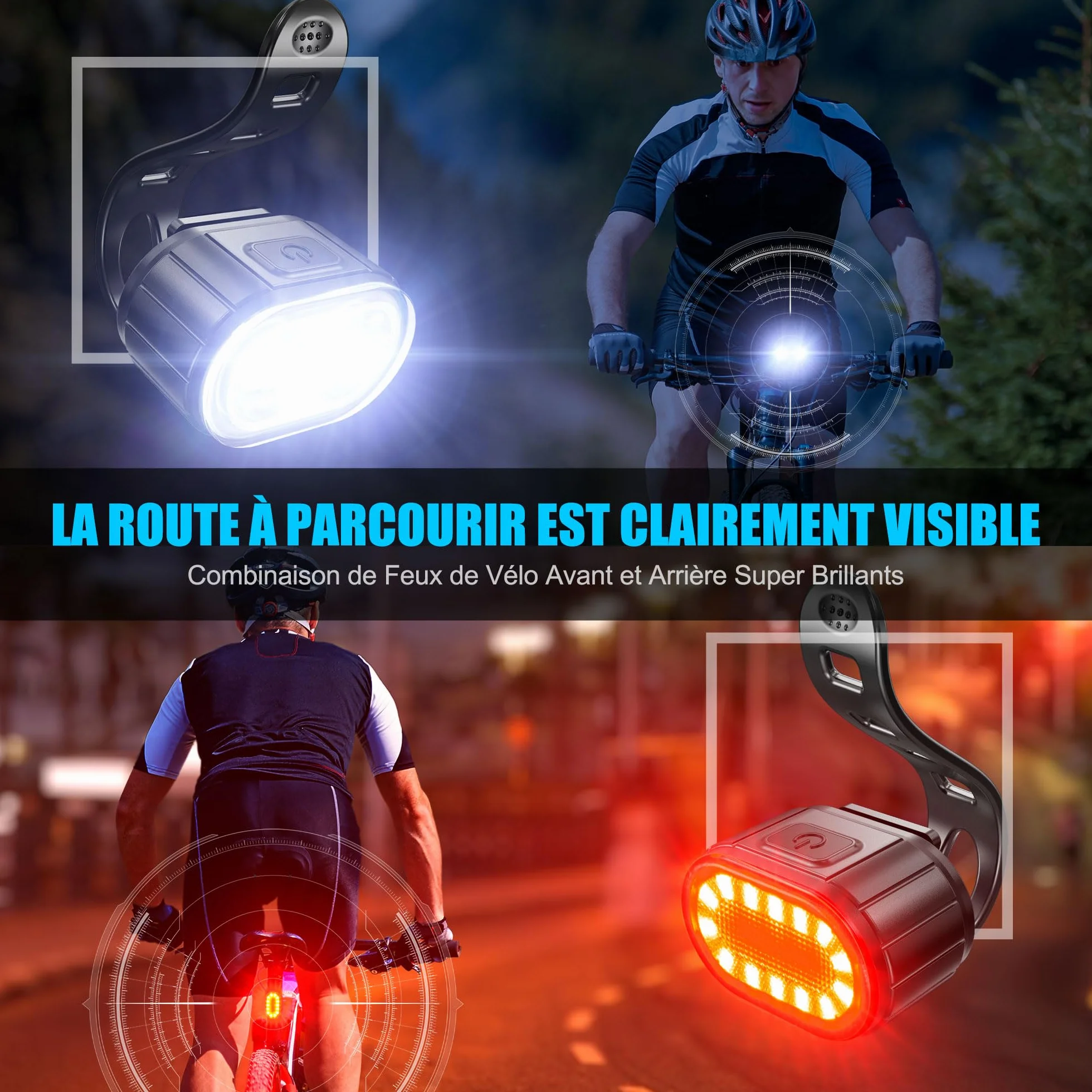 Lumiere Velo à LED Feux Avant Arrière Rechargeables USB IPX5 Phares Double Talon