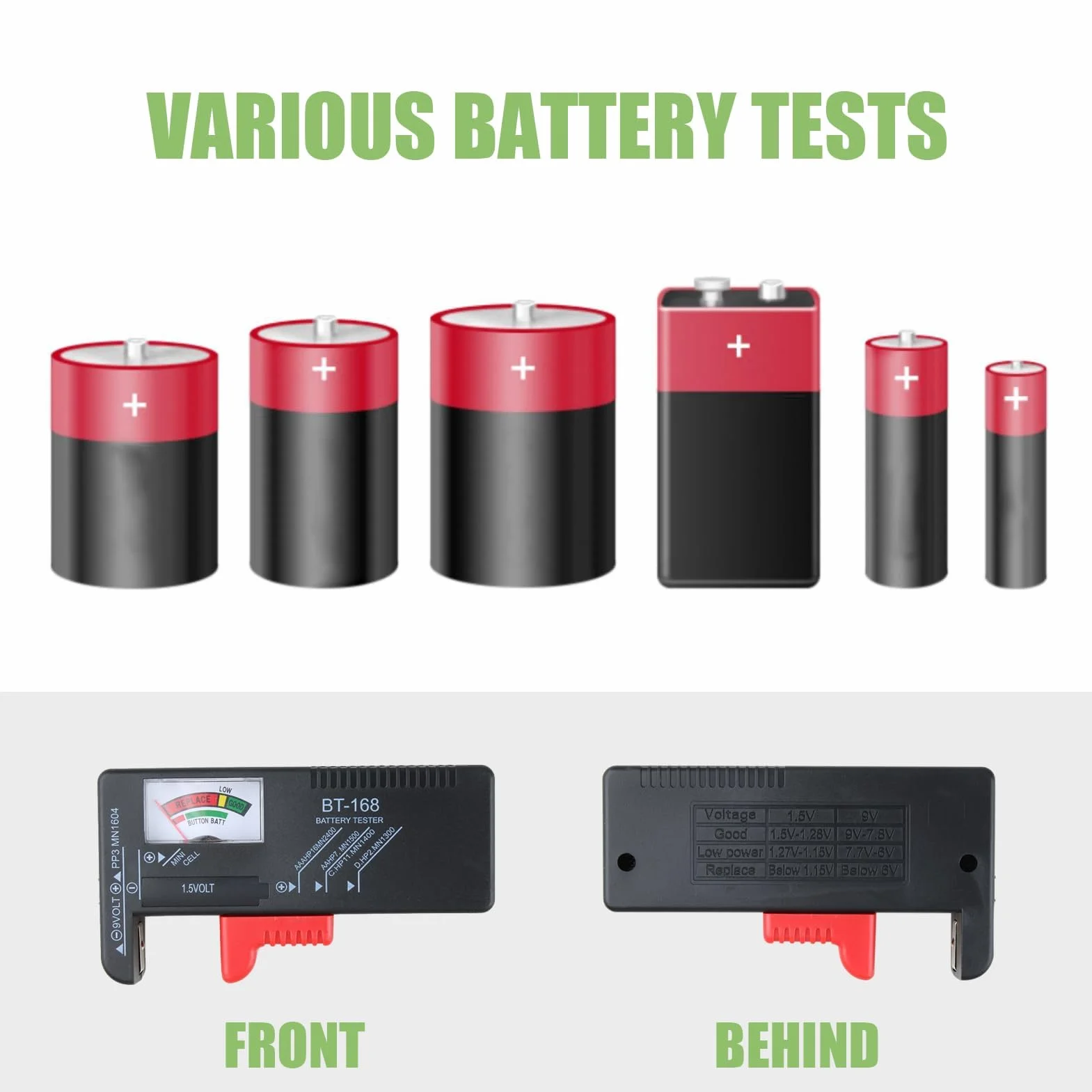 Testeur de Piles Universel, Testeur Pile Numérique pour AA, AA, C, D, PP3, 9V, 1.5V, Piles Bouton,Fonctionne Sans Pile,Testeur Piles Idéal pour Tester vos Anciennes Batteries (Modèle: BT-168)