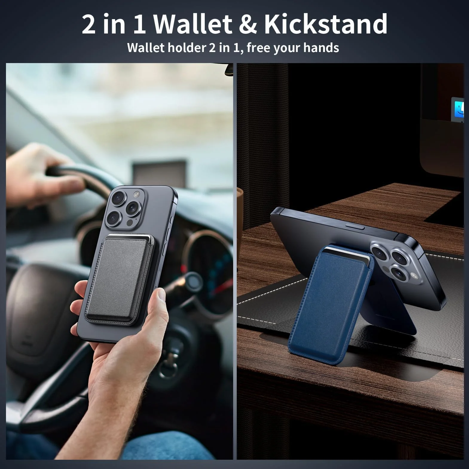 Porte Carte Wallet Magsafe 2 Pièces Cuir Magnetique pour Série iPhone 15/14/13/12 Noir Bleu
