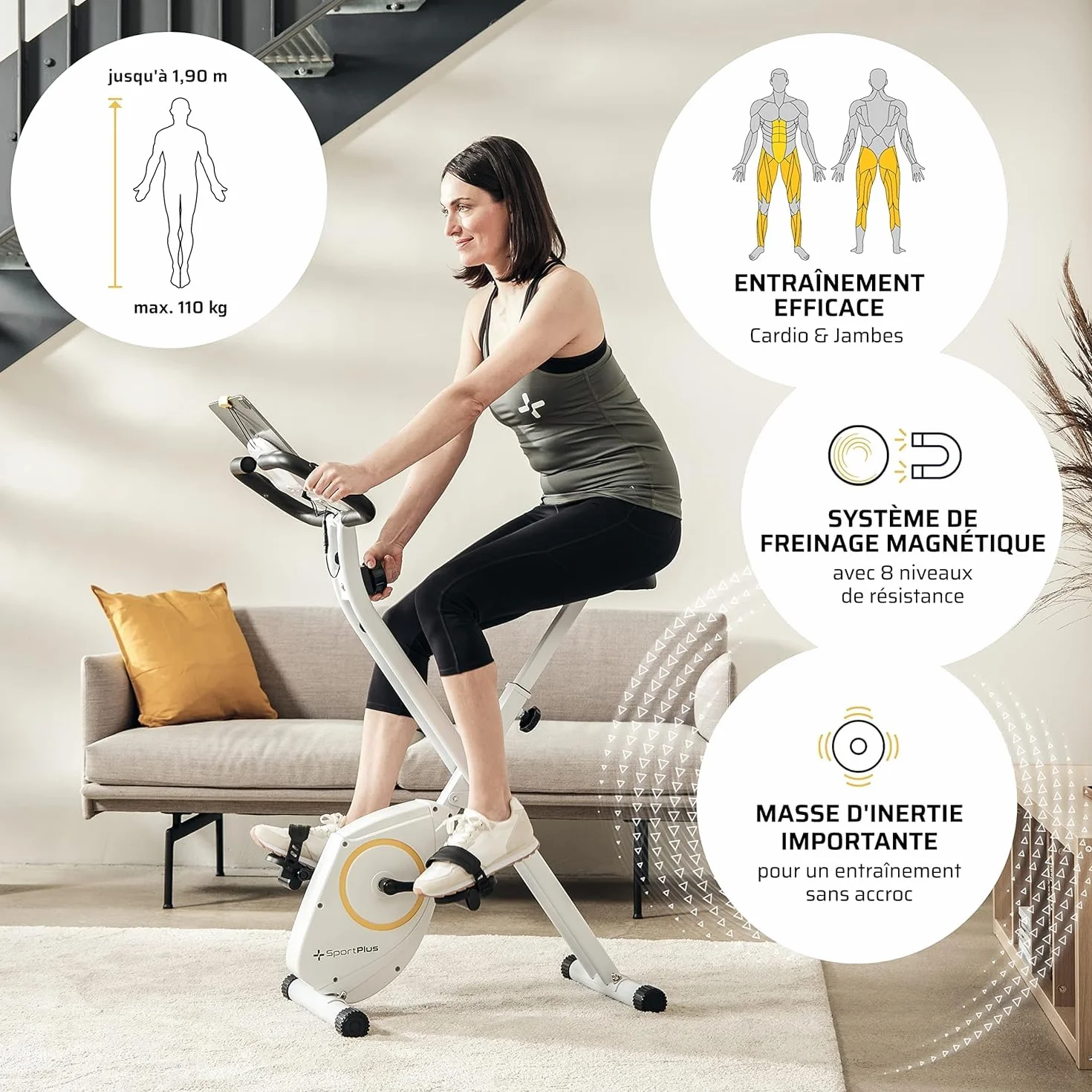 SportPlus Vélo d'appartement pliable silencieux pour la maison compatible avec l'application Fitnessbike