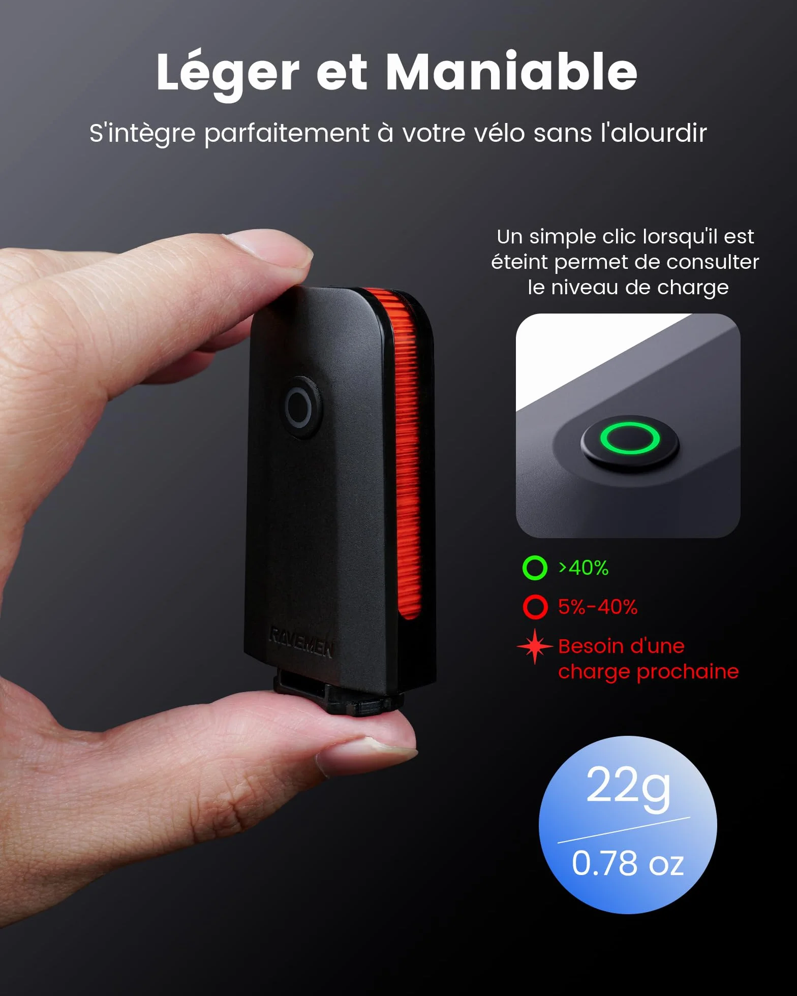 RAVEMEN CL01 Feu Arrière de Vélo 30 Lumens Grand Angle 300° USB C Détection de Freinage