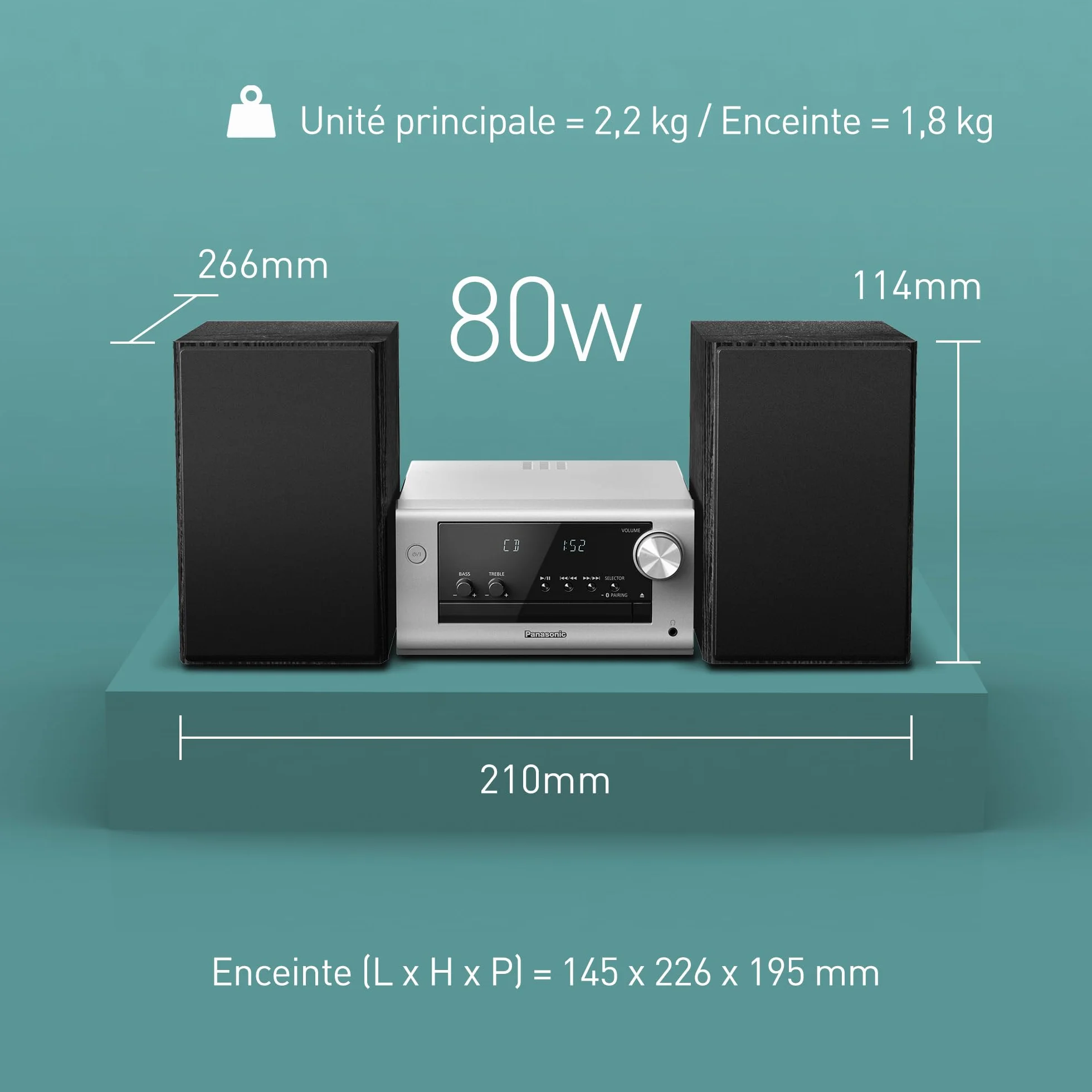 Panasonic SC-PM702EG-S Microchaîne Hi-Fi Stéréo Compacte avec CD, DAB+/FM, USB, Bluetooth, 80W, Argent