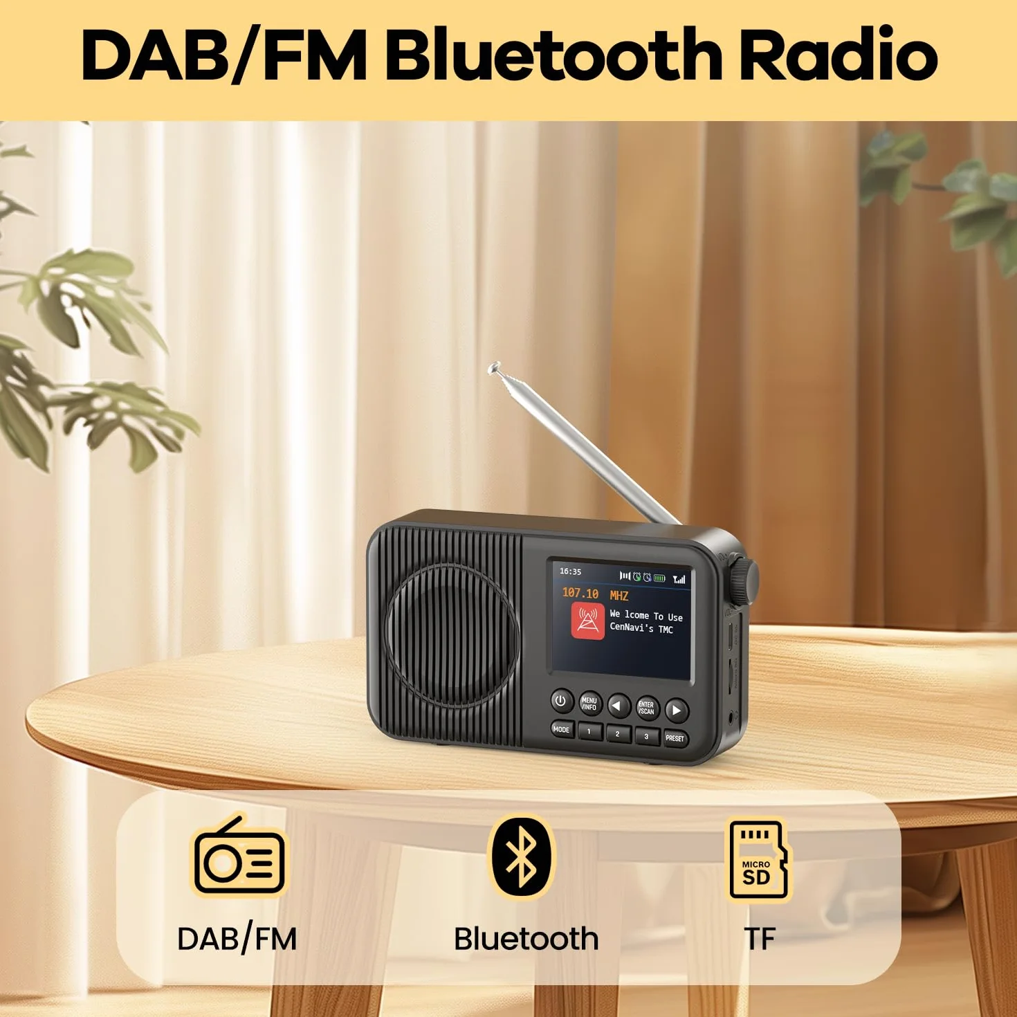 Radio DAB+ Portable Rechargeable avec Bluetooth, Écran LCD 2.4", FM, 60 Stations, Réveil Double, Noir