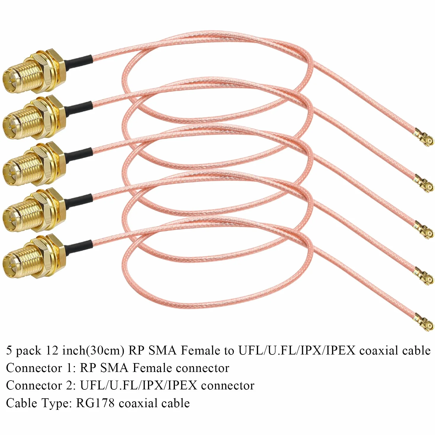 TUOLNK Câble coaxial RP-SMA vers IPX UFL U.FL MHF1 vers RPSMA Câble coaxial femelle en queue de cochon pour routeur Wifi Mini câble d'antenne d'extension PCI 12 pouces (30 cm) 5 pcs