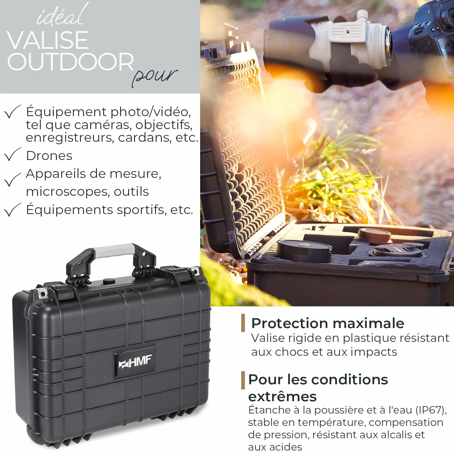 Mallette Rigide IP67 HMF ODK100 étanche Eau Poussière Mousse prédécoupée Valise Protection Photo Outils 41x32x17.5cm Noir