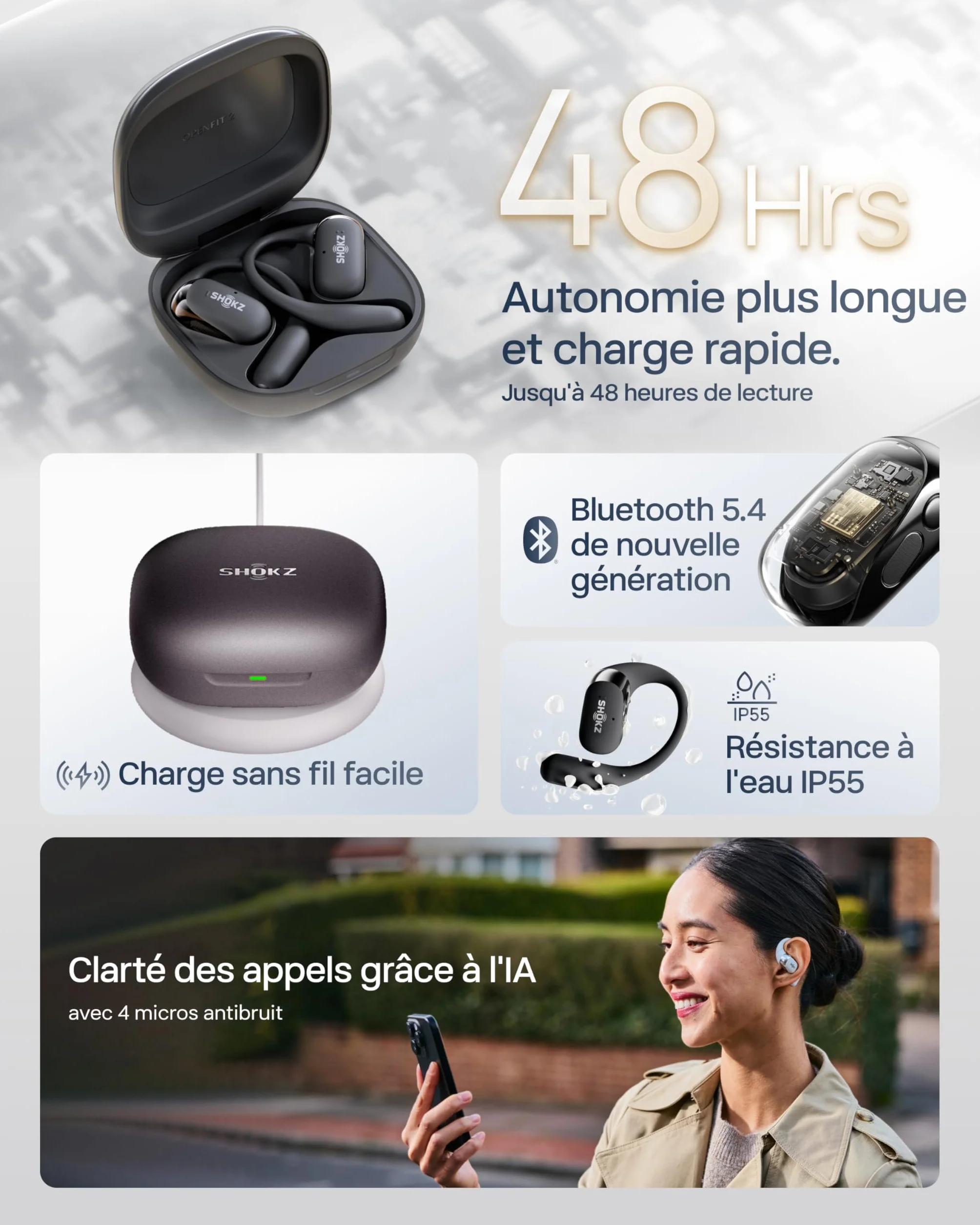 SHOKZ OpenFit 2+ Nouveaux Casques à Oreilles Libres, Dolby Audio, Crochets d’Oreille Souples, 48 Heures d’autonomie, résistance à l’Eau IP55, Recharge sans Fil, avec Sac de Transport, Noir