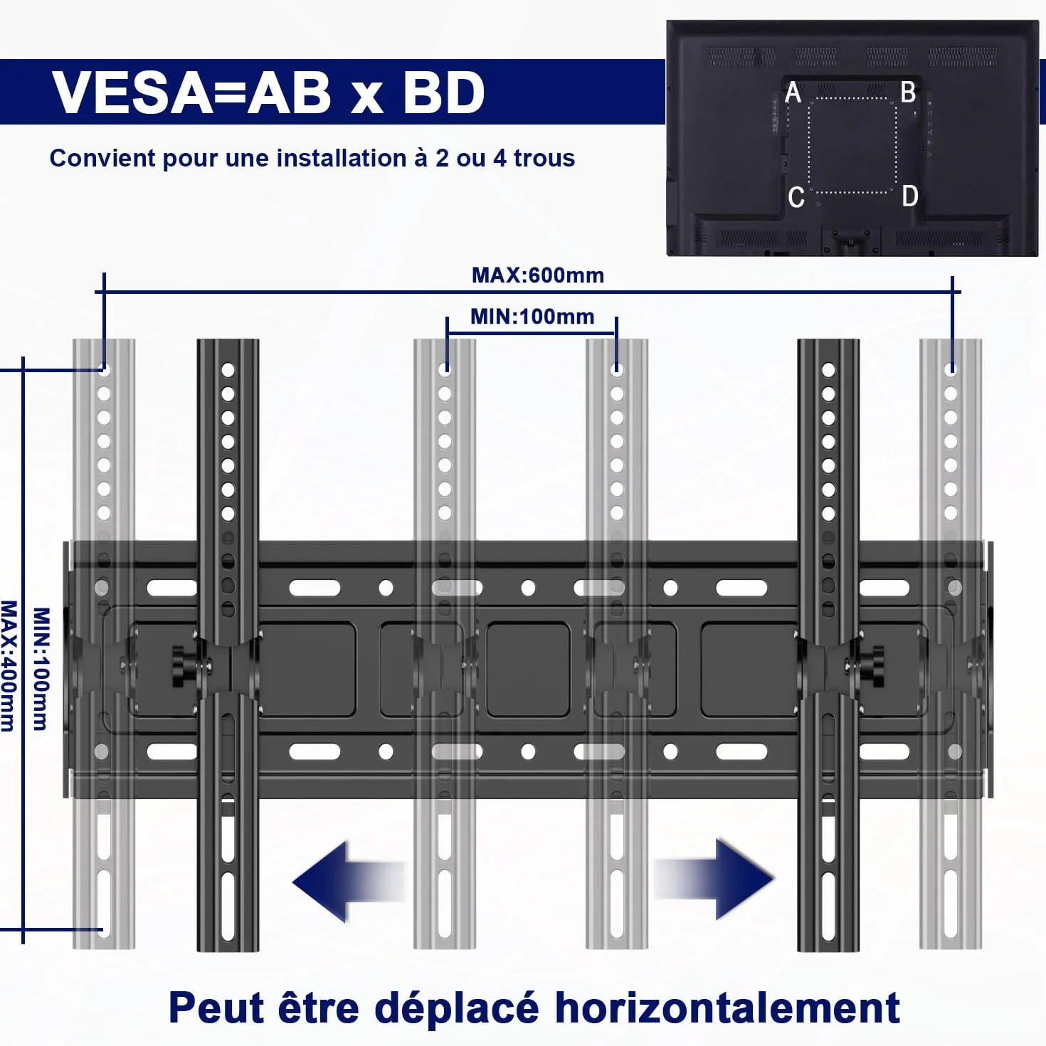 Support Mural TV pour téléviseurs de 32 à 75 Pouces, réglage de l'inclinaison vers Le Haut et vers Le Bas, VESA Max 600x400 mm Charge 70 kg, 40 43 50 55 60 65 Pouces Rack Mural pour TV