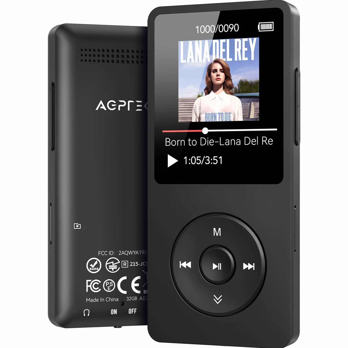AGPTEK Lecteur MP3 Bluetooth 5.3 32Go HiFi sans Perte 70H Autonomie Baladeur Portable Radio FM Enregistrement