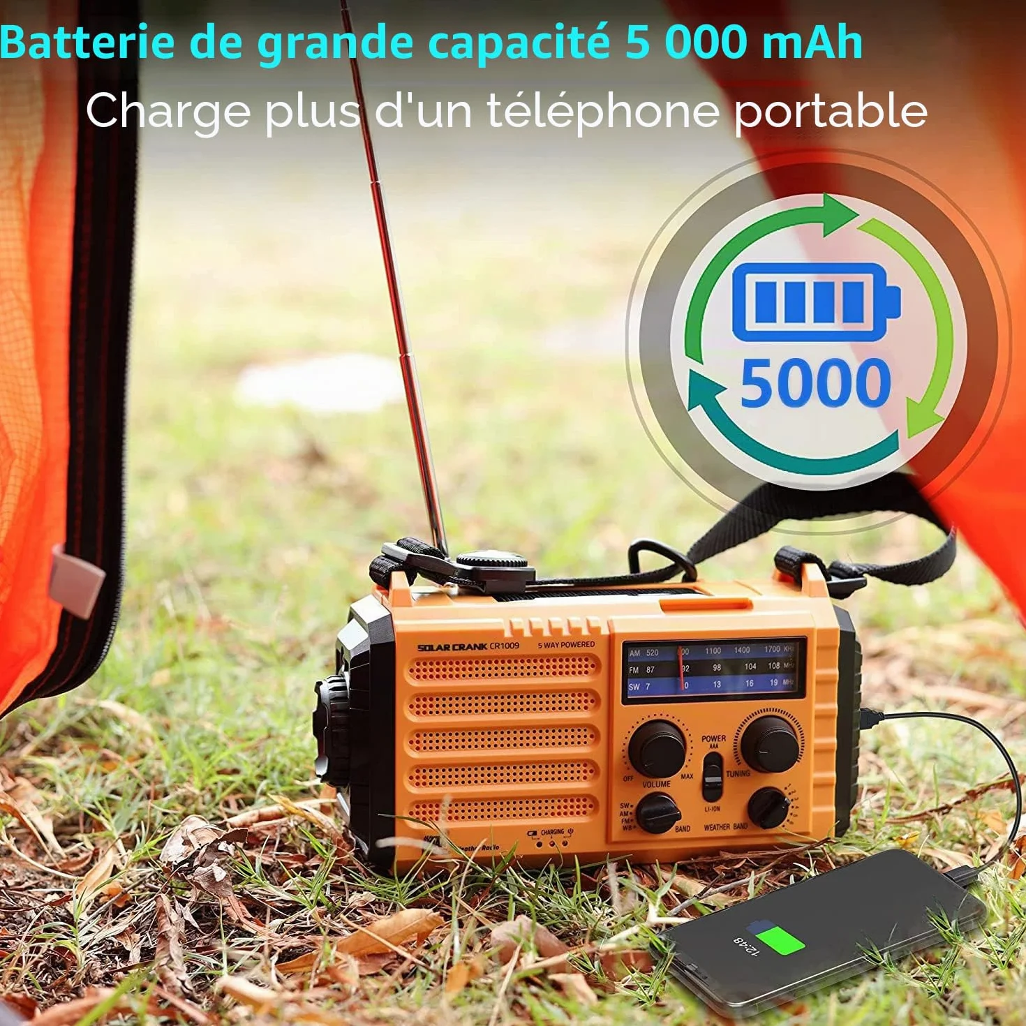 Radio Solaire de Chantier Portable AM/FM/SW 4000mAh Lampe LED Alarme SOS Boussole