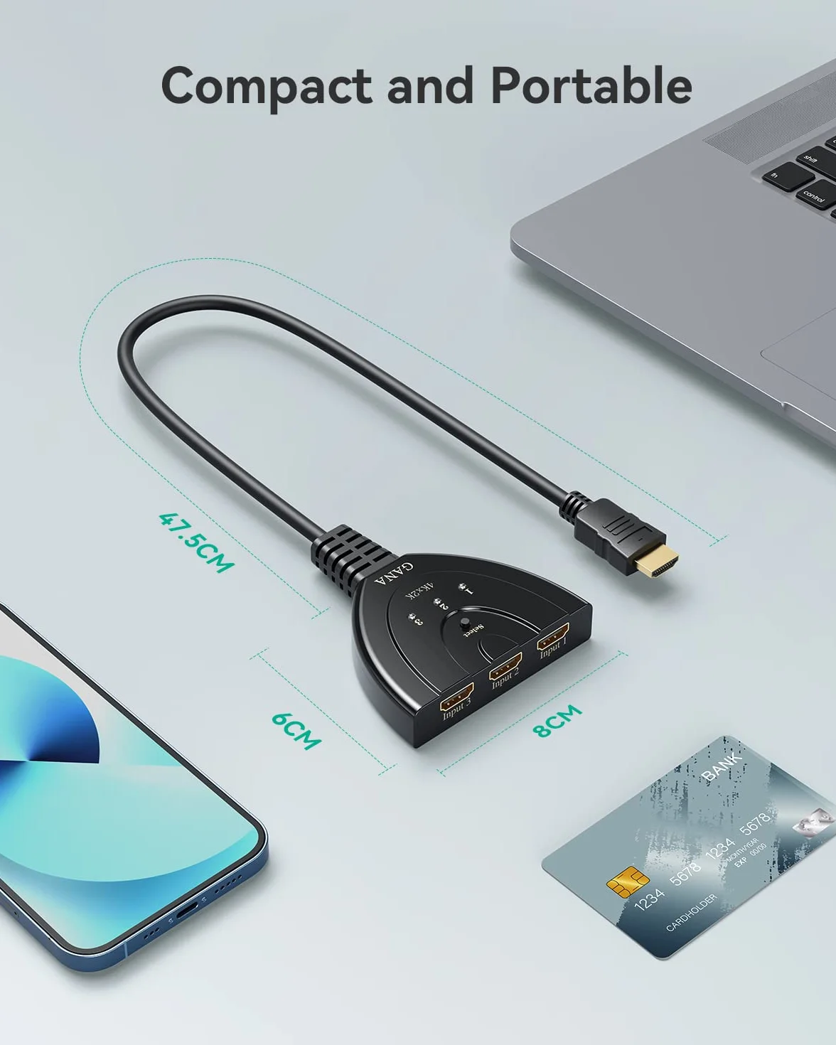 GANA Multiprise HDMI Switch 3 Entrée 1 Sortie Commutateur HDMI 4K avec Câble Haute Vitesse, Compatible avec TV, Roku, Fire TV Stick, Xbox, PS5, PS4, Blu-Ray, PC