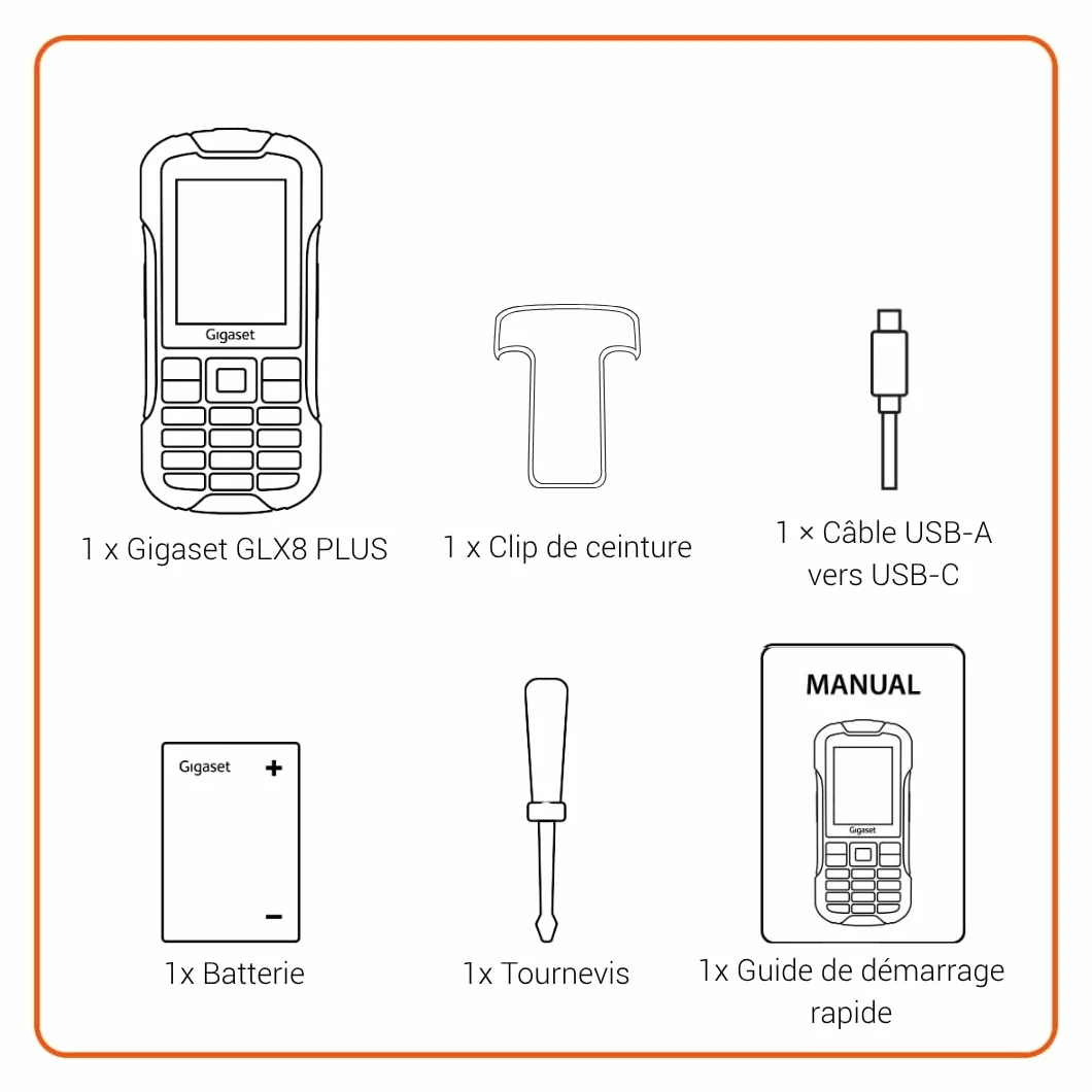 Gigaset GLX8 Plus Téléphone Portable à Touches 4G Robuste IP68 Double SIM Bluetooth 5.0 Écran LCD 2,4" Noir/Orange