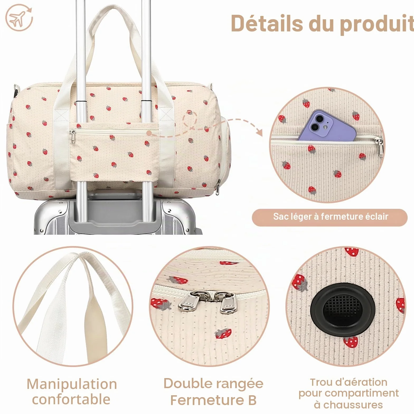 Sac de sport LEDAOU enfant compartiment chaussures humide velours côtelé rose fraise 46x22x23 cm