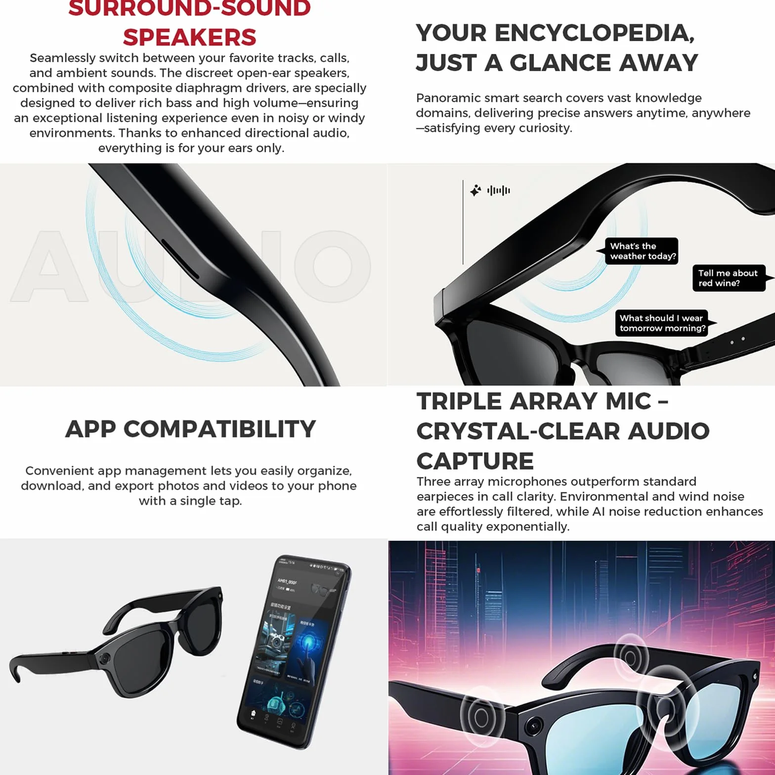 Lunettes connectées IA avec caméra, ChatGPT intégré,traduction,commande vocale,Wi-Fi 4.0,Bluetooth 5.3,prise de vue HD, lunettes de soleil intelligentes pour les voyages,la musique et les appels,B