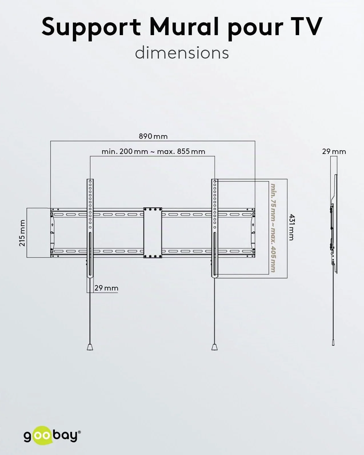 goobay Support TV Mural Fixe 43-100 Pouces Ultra-Plat 29 mm VESA 600x400 Jusqu'à 70 kg - Basic FIXED XL - 49742