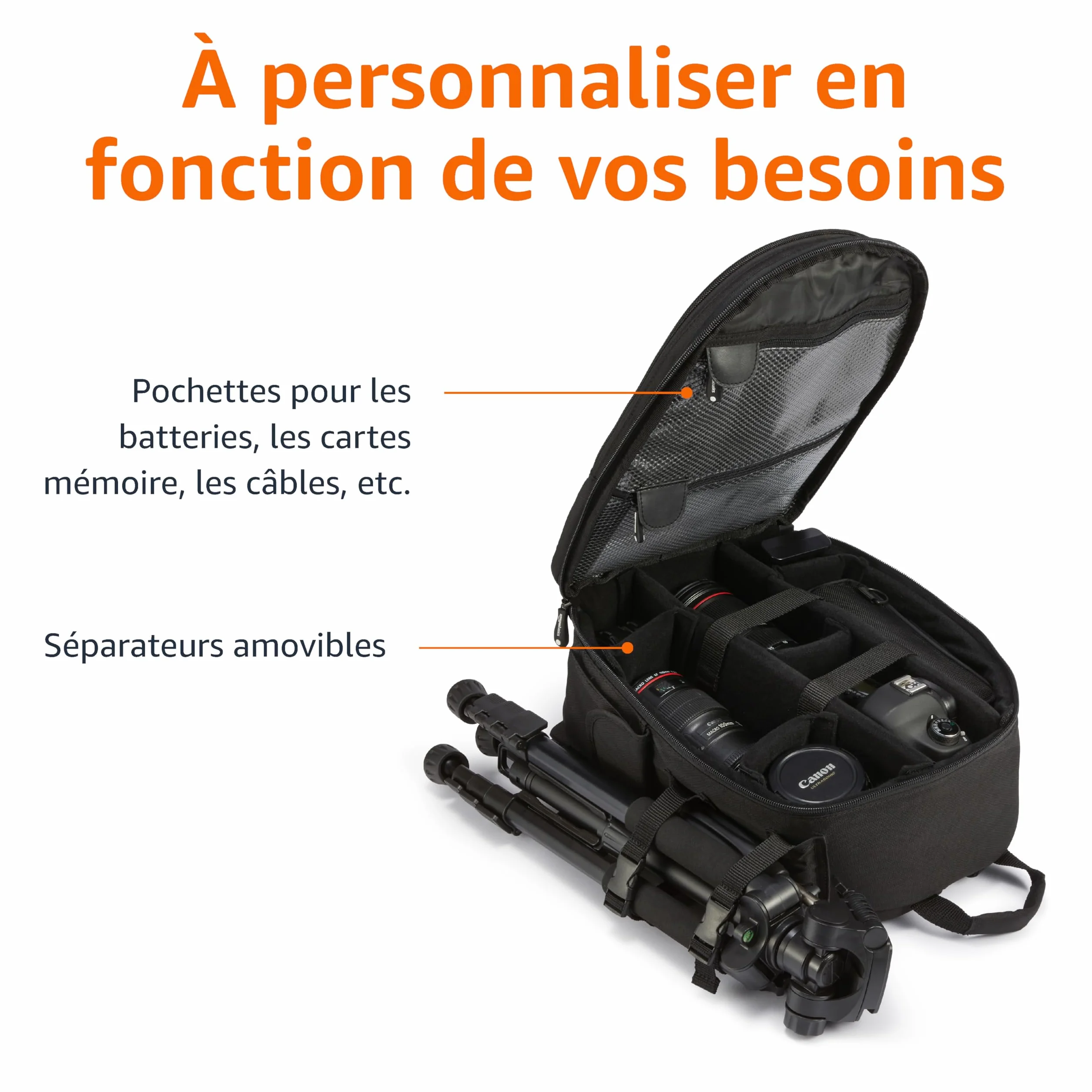 Amazon Basics Sac à Dos pour Appareil Photo Grande Capacité 30 x 15 x 37 cm Noir