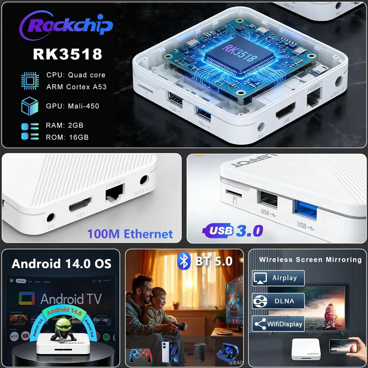 Android 14.0 TV Box 2026, 2Go RAM + 16Go ROM, LEFFOT H313 4K Ultra HD Boitier IP-TV pour Streaming, Support 2.4/5G WiFi 6, 100M Ethernet, Contrôle Vocal, BT 5.4, USB 3.0, HDR10, RK3518 Quad-Core A53