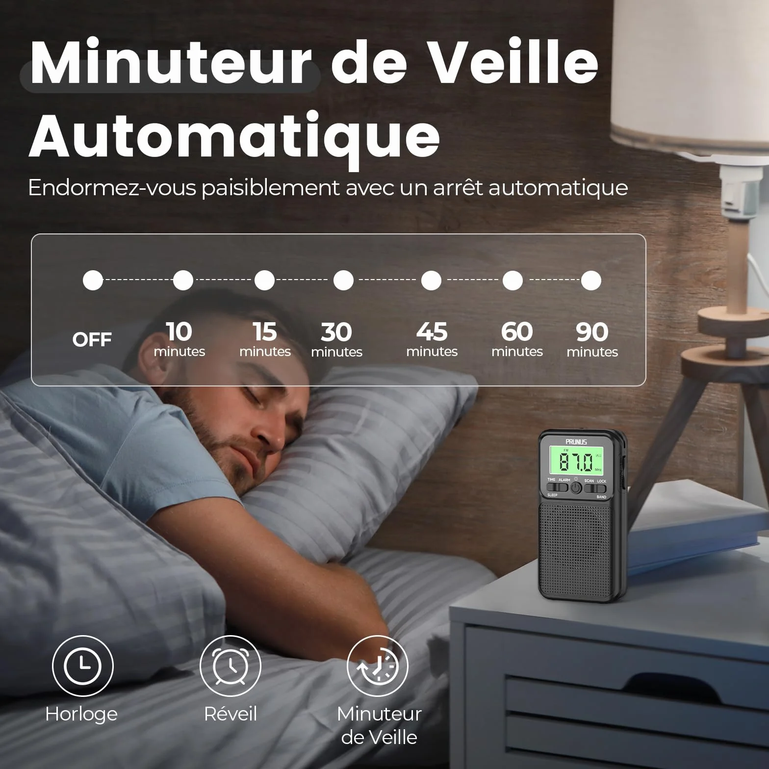 PRUNUS J-128 Radio Portable FM/AM, Réveil, Minuterie de Sommeil, Mini Radio de Poche, Design Anti-Contact, Piles 2xAA