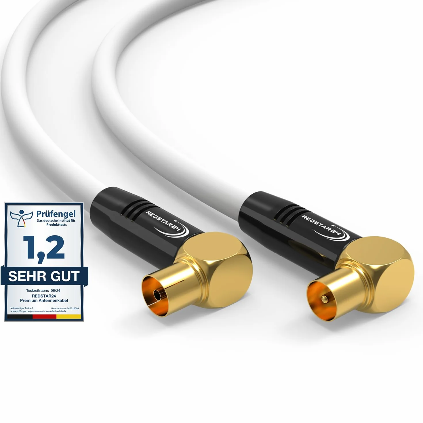 RedStar24 Câble d'antenne coaxial HDTV de 1,5 m blanc - Coudé à 90° - Mâle vers femelle - Câble coaxial HDTV de qualité supérieure pour télévision par câble - Câble TV : compatible avec TV, radio