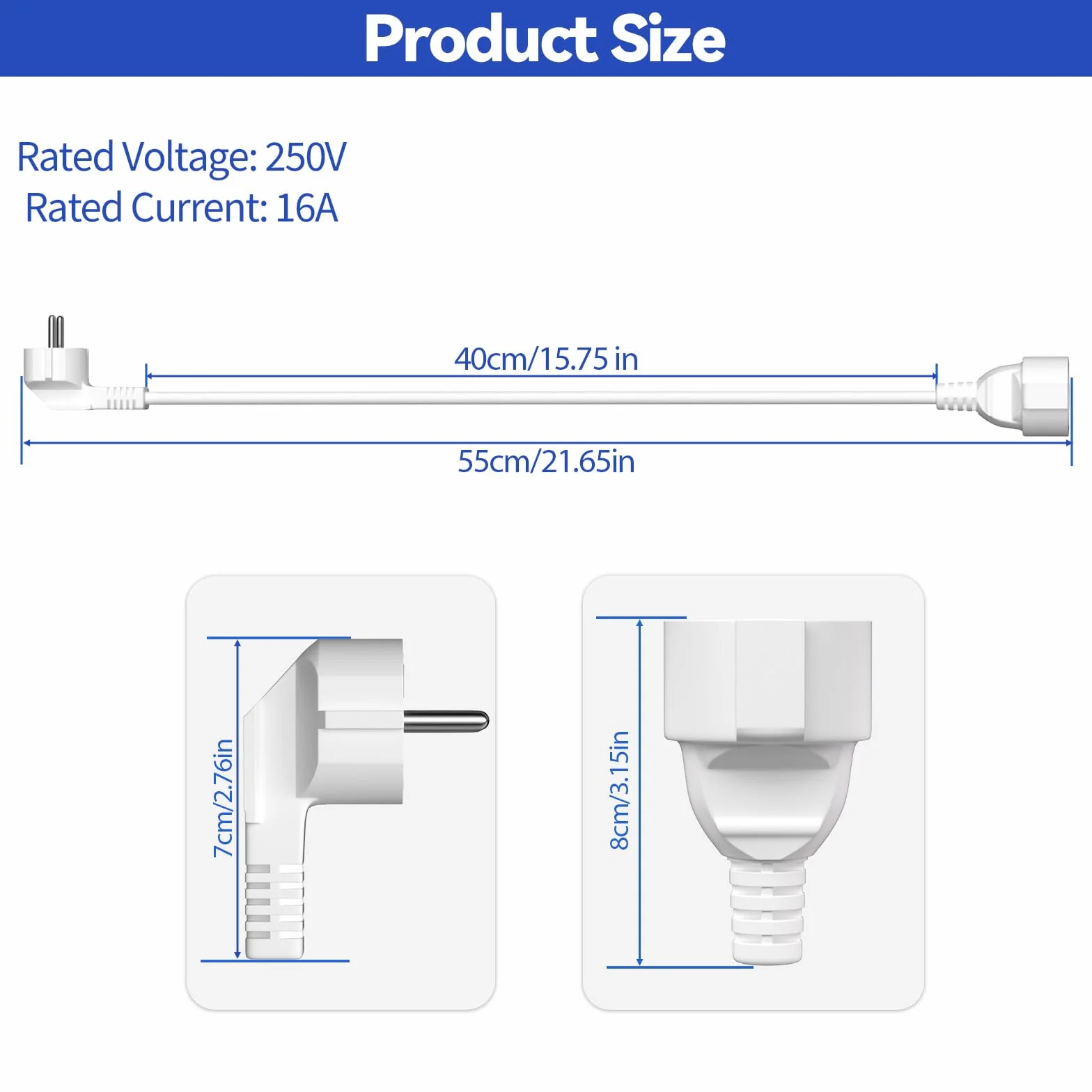 Rallonge Schuko IP20 250V 16A 3680W H05VV-F3G 1,5 mm² 0,5 m Blanc