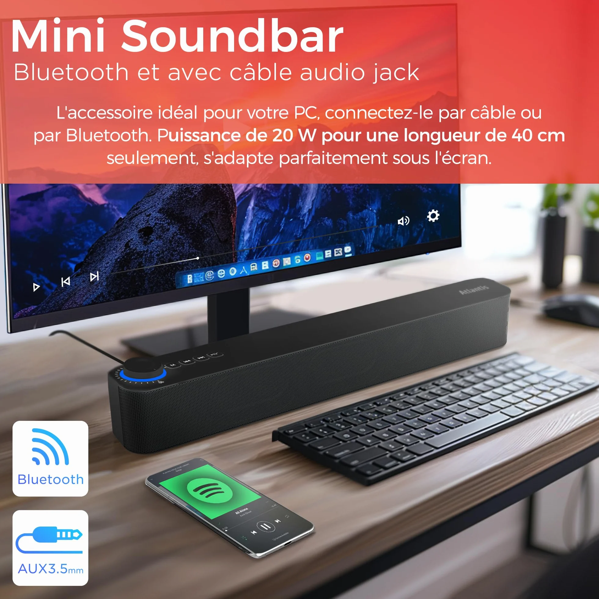 ATLANTIS Soundbar PC 20 W Bluetooth 5.3 Radio FM Noir 420 x 60 x 74 mm