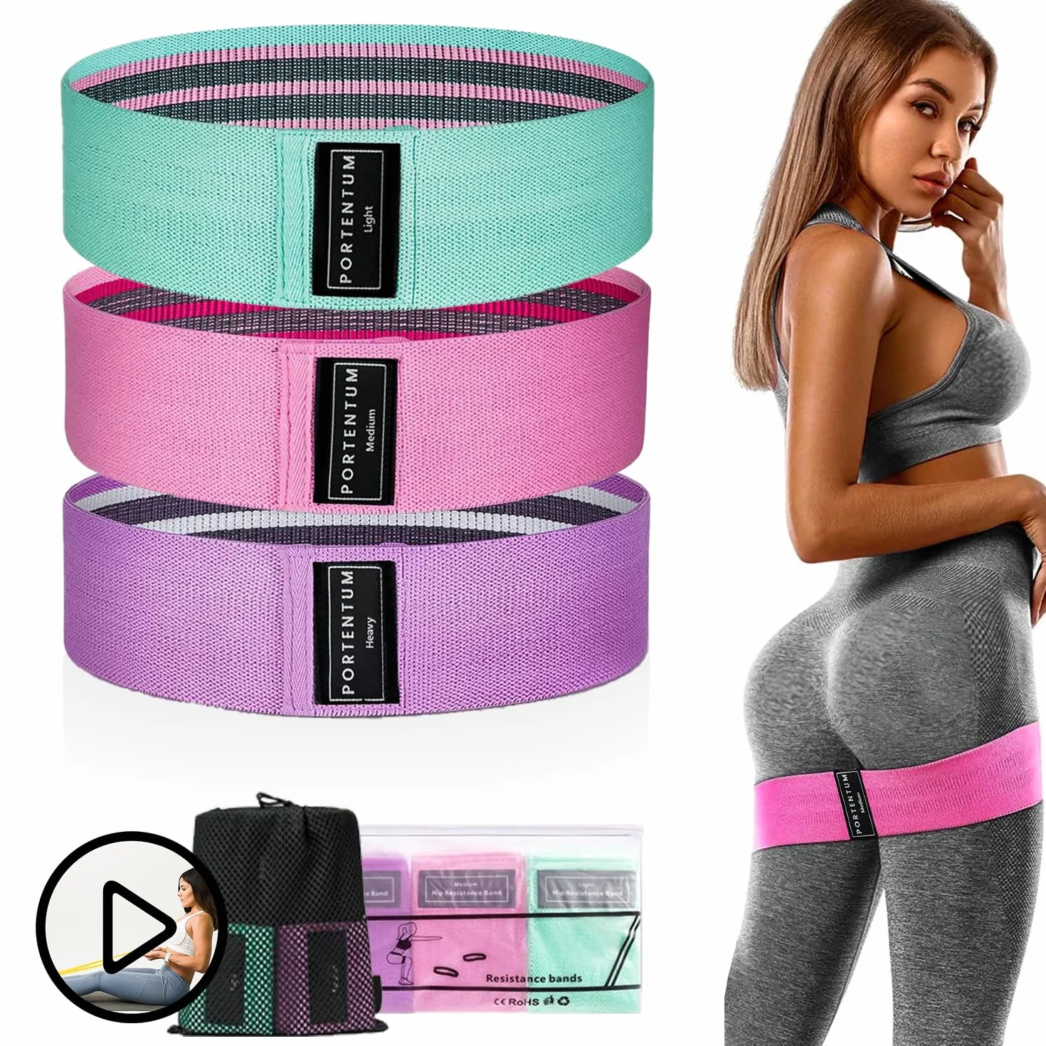 PORTENTUM Bandes Elastiques Fitness Tissu antidérapantes 3 Niveaux Résistance Crossfit Yoga Sac Rangement