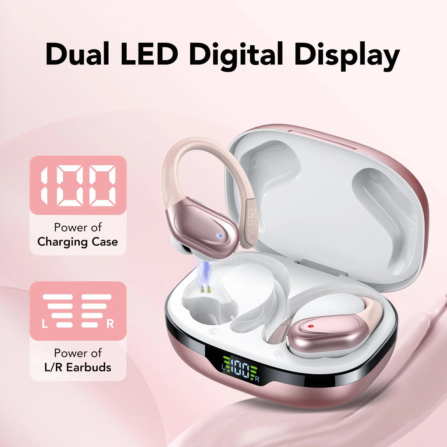 CASCHO Ecouteurs Bluetooth sans Fil, Casque Bluetooth 5.3, 60 Heures avec Affichage LED, Appel ENC HD, Basses Profondes, Ajustement Confortable, IPX7 Étanche Casque Sport(Or Rose).