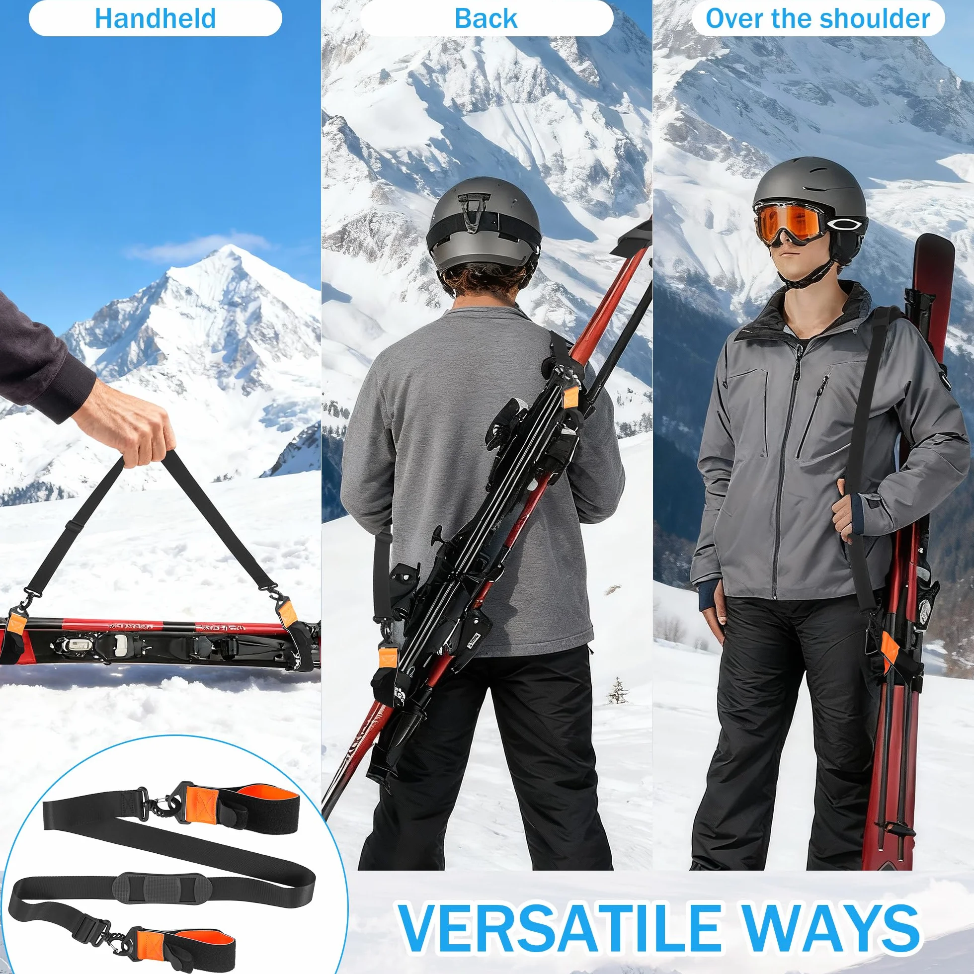 Sangle de Transport pour Skis Réglable 79-130cm, Porte Ski Dorsal avec Bretelle Confort