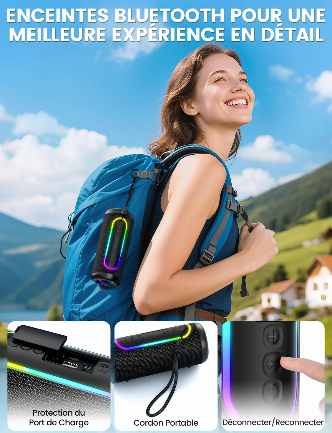 Enceinte Bluetooth Portable 30W Bluetooth 5.4 TWS 360° IPX5 Jusqu'à 30H Portée 30m