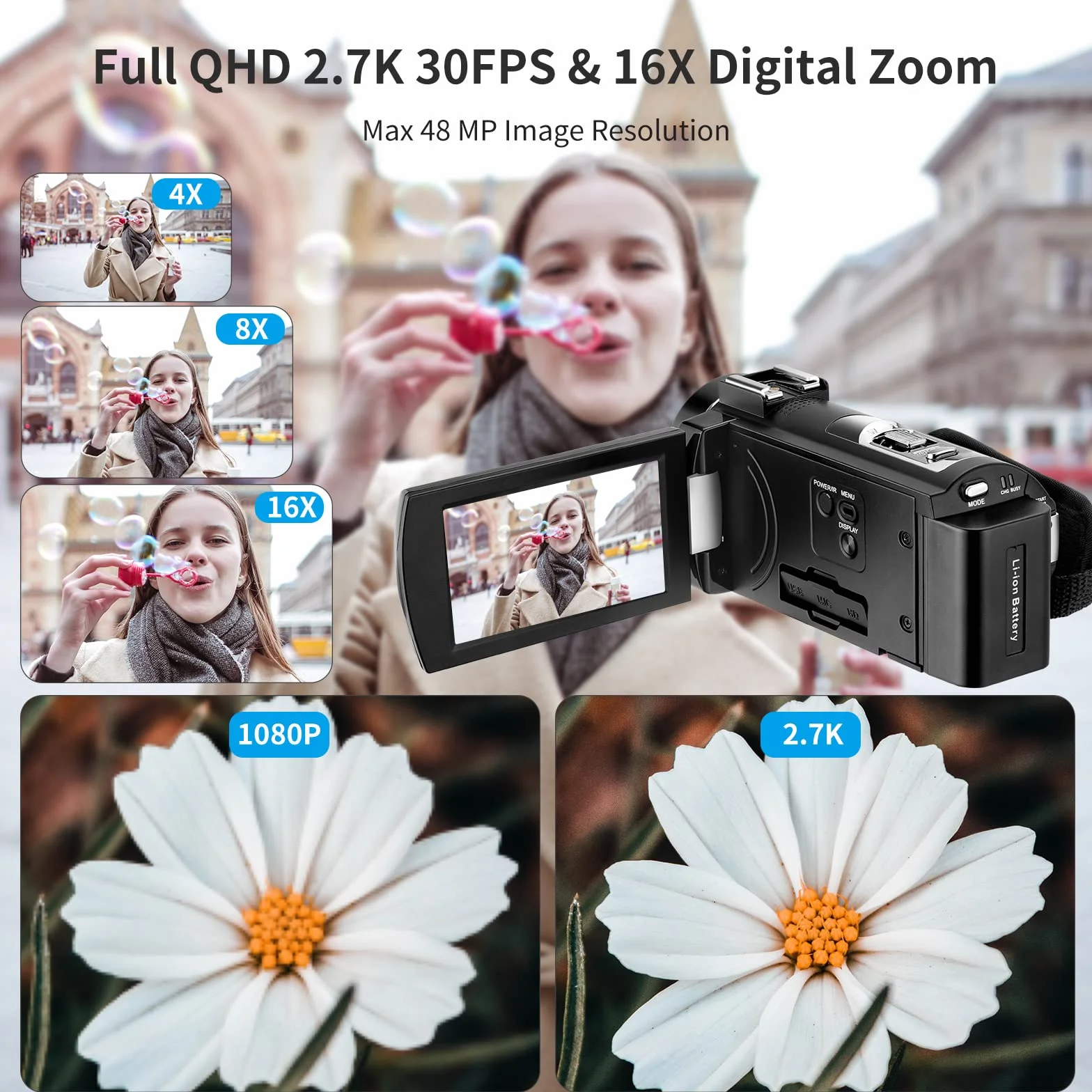 ORDRO AE7 2.7K Caméscope IR Vision Nocturne Appareil Photo Numérique 3.0 TFT Écran Tactile Zoom Numérique 16X pour Youtube Vlog avec Télécommande et 2 Piles
