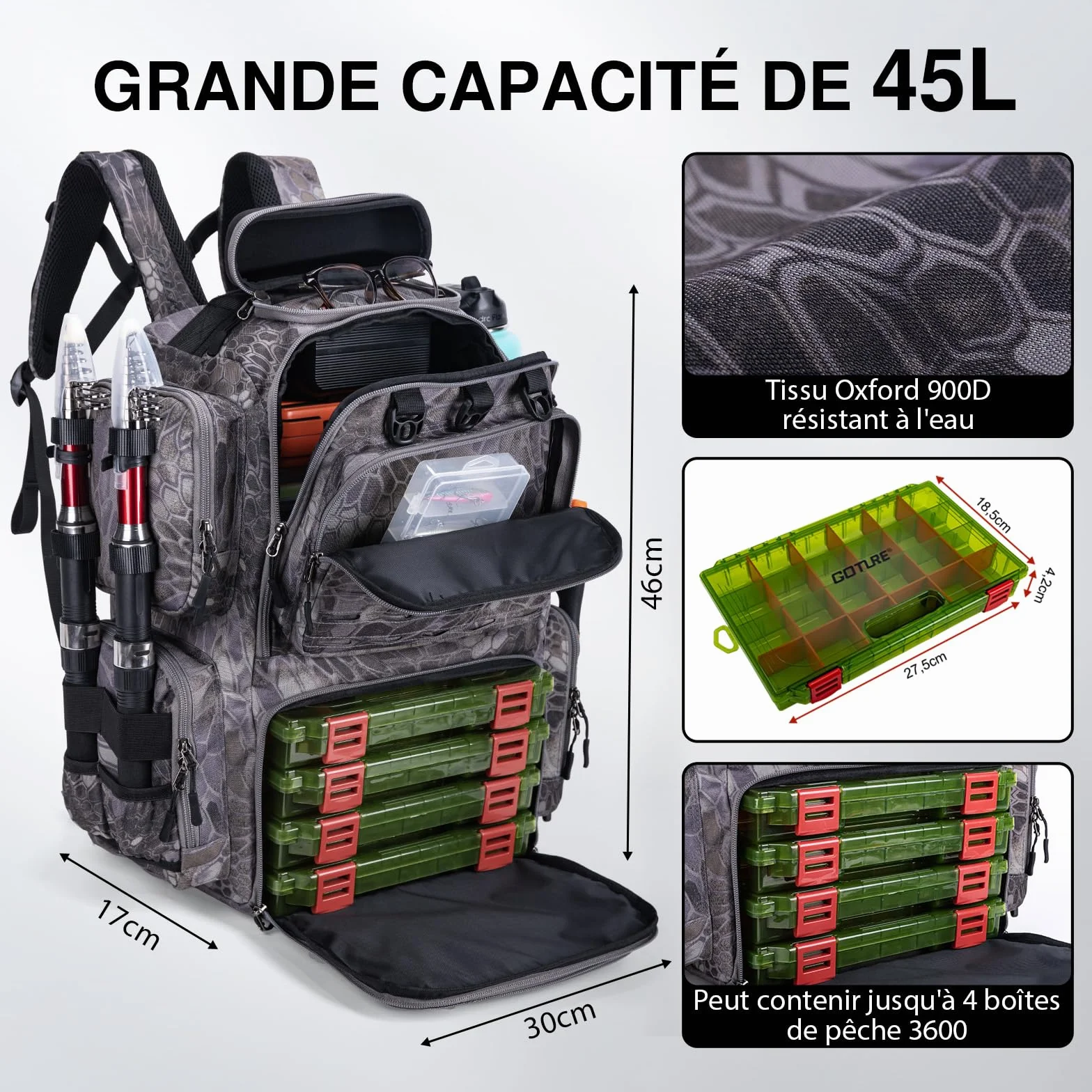 Goture Sac de pêche 45 L Tissu Oxford 900D Dos Souple résistant à l'eau avec Porte-Cannes et Housse de Pluie