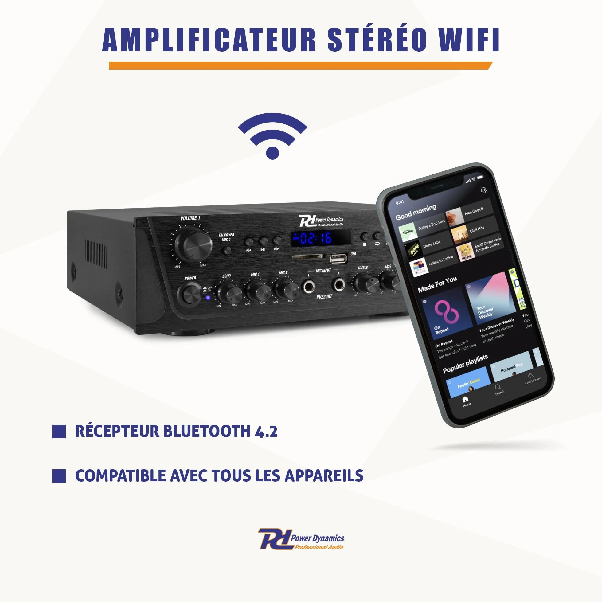 Power Dynamics PV220BT Amplificateur Audio Bluetooth 2x100W 2 Zones Lecteur MP3 USB/SD Radio FM Entrées RCA AUX Télécommande