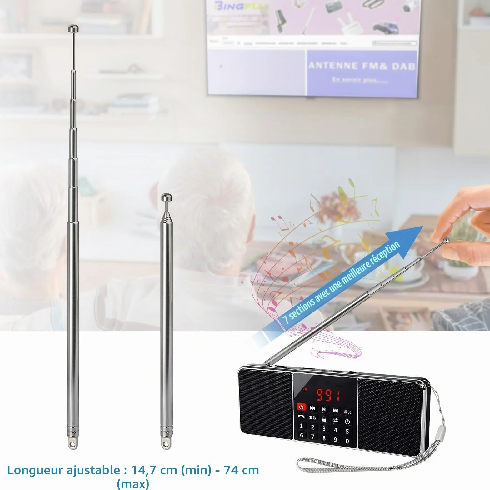 Bingfu Antenne Télescopique Radio FM Dab Portable Interieur 74 cm 7 Sections Antenne Remplacement pour pour Radio Transistor Poste Portable Tuner Chaîne HiFi Récepteur AV Home Cinéma Audio CD,2 Paquet