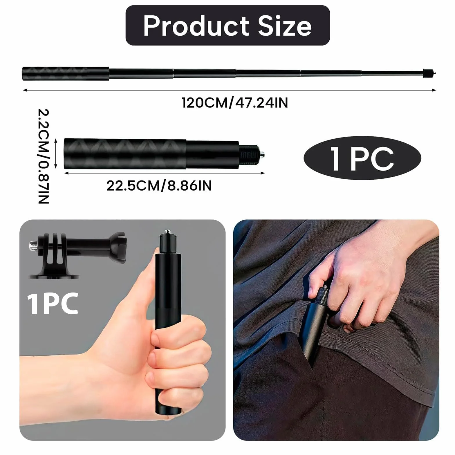 120CM Perche à Selfie Invisible pour Insta X3 X4 RS, Support de Selfie Invisible en Aluminium, Tige Télescopique pour Caméras d'action et Microphone